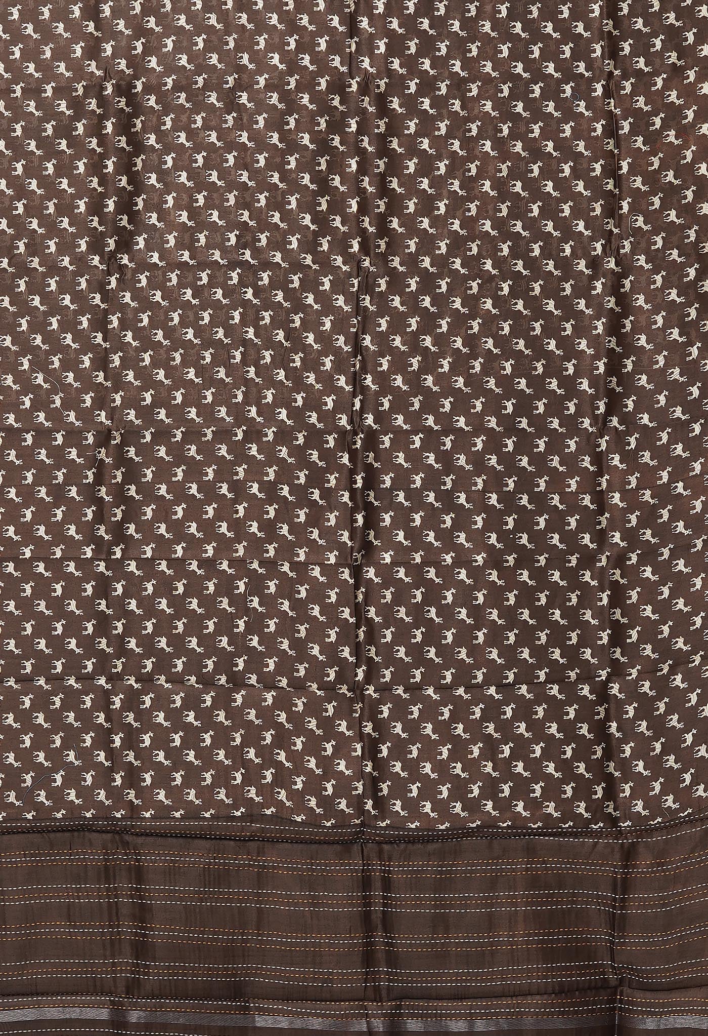 Brown Pure Bagru Printed With Kantha work Chanderi Sico Saree-UNM81080