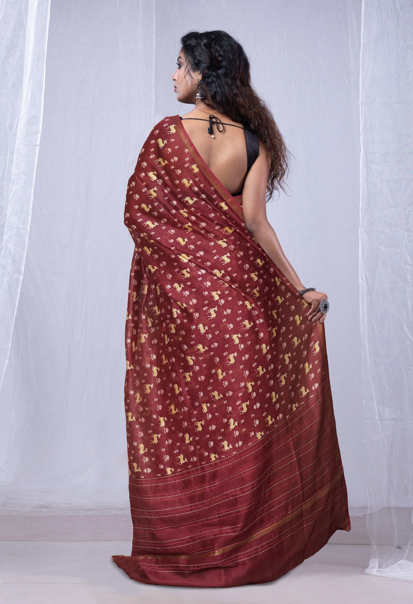 Burgundy Pure Bagru Printed With Kantha work Chanderi Sico Saree-UNM81090