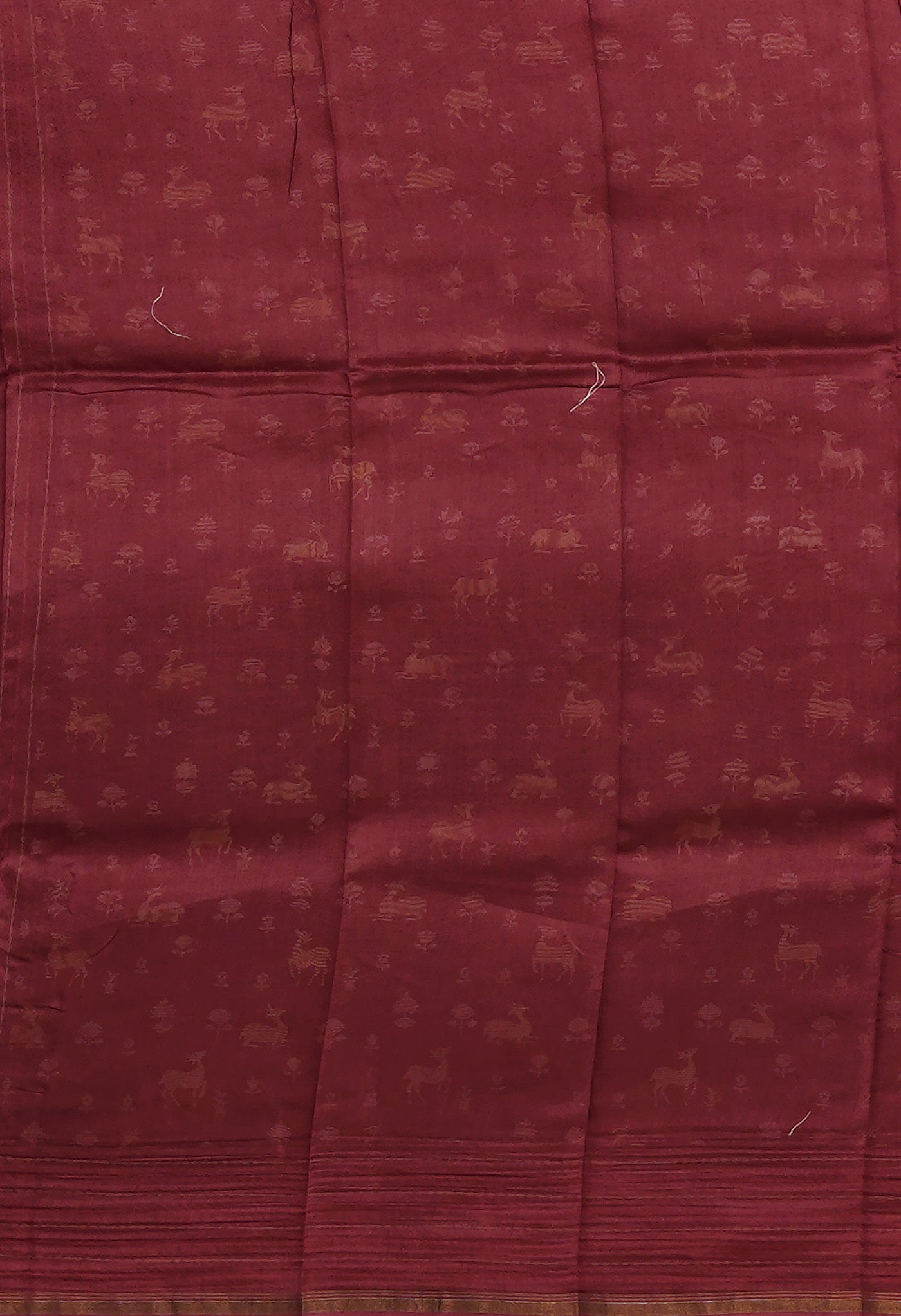 Burgundy Pure Bagru Printed With Kantha work Chanderi Sico Saree-UNM81090