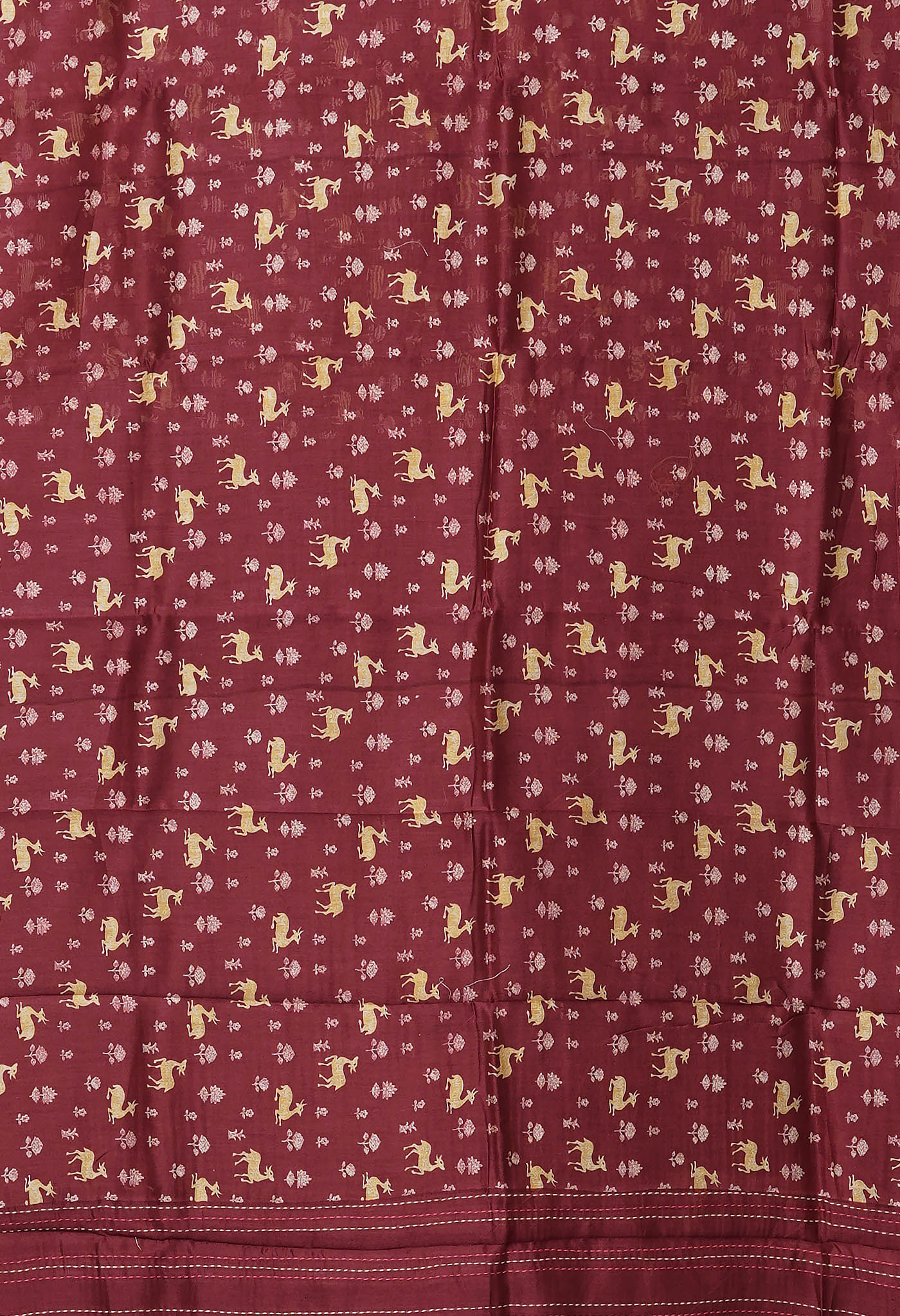 Burgundy Pure Bagru Printed With Kantha work Chanderi Sico Saree-UNM81090