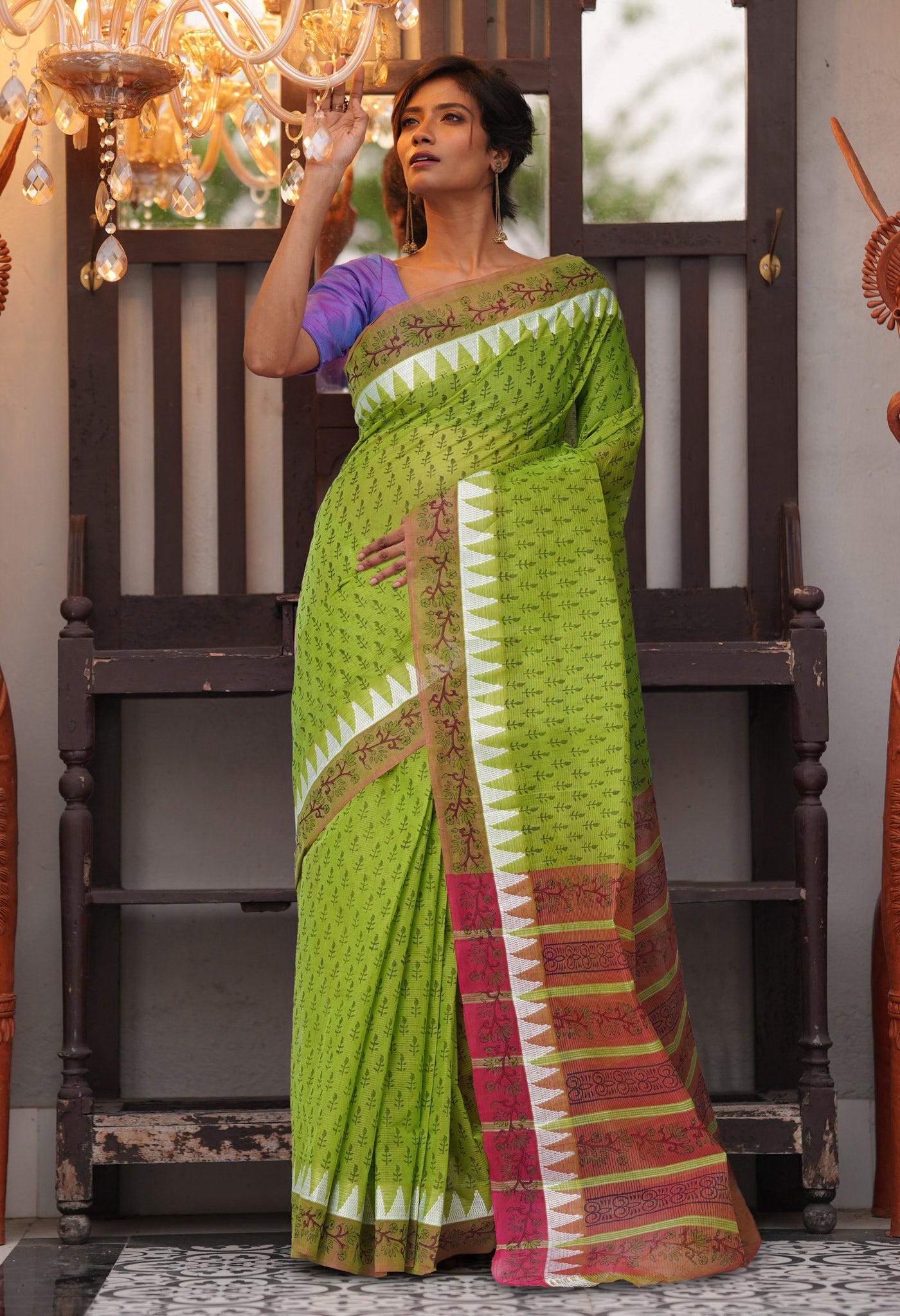 Green Pure Hand Block Printed Mangalgiri Cotton Saree-UNM81279