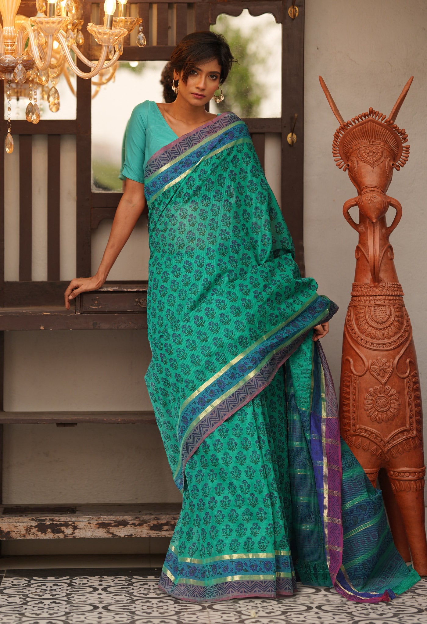 Green Pure Hand Block Printed Mangalgiri Cotton Saree-UNM81282