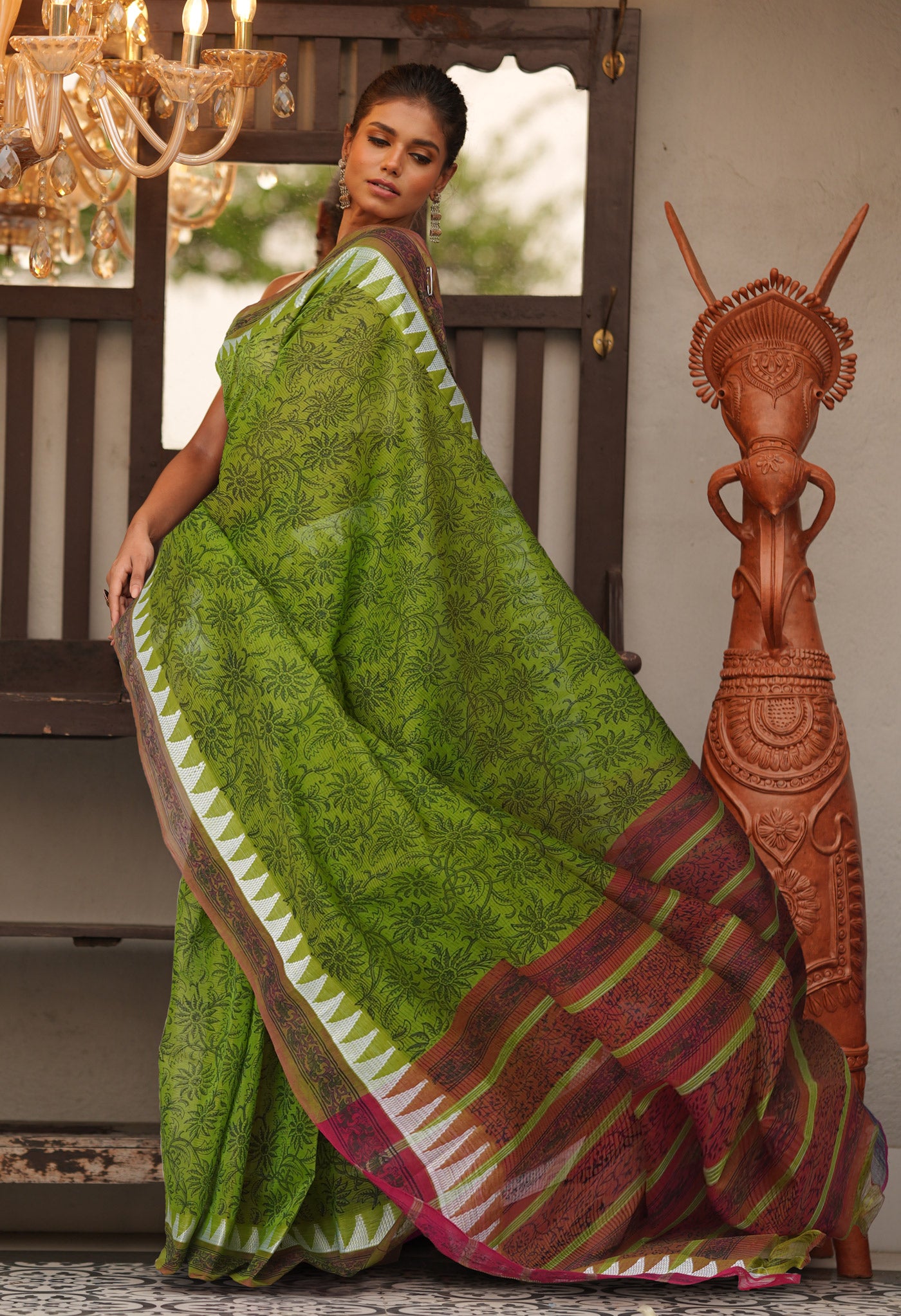 Green Pure Hand Block Printed Mangalgiri Cotton Saree-UNM81295
