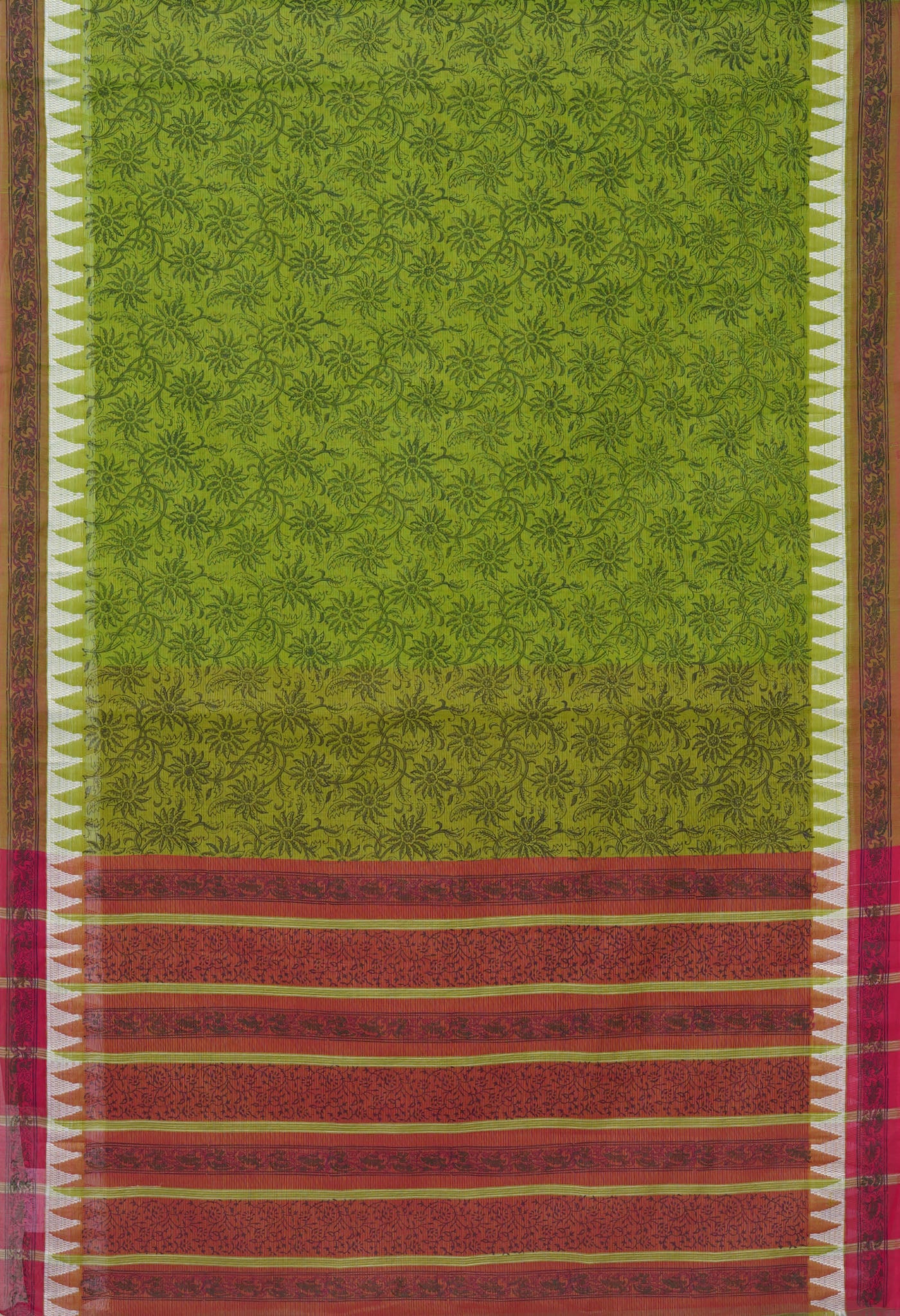 Green Pure Hand Block Printed Mangalgiri Cotton Saree-UNM81295