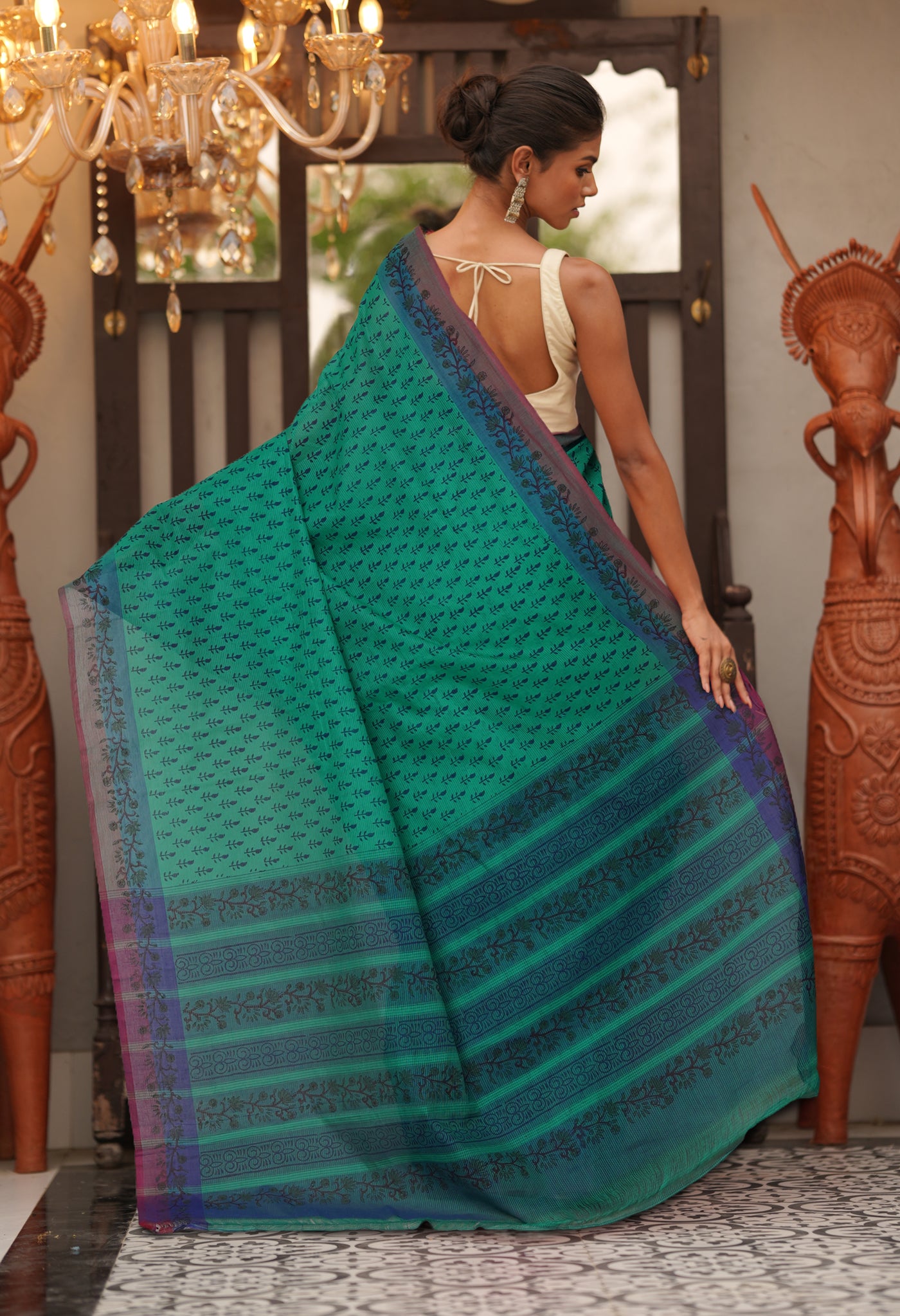 Green Pure Hand Block Printed Mangalgiri Cotton Saree-UNM81297