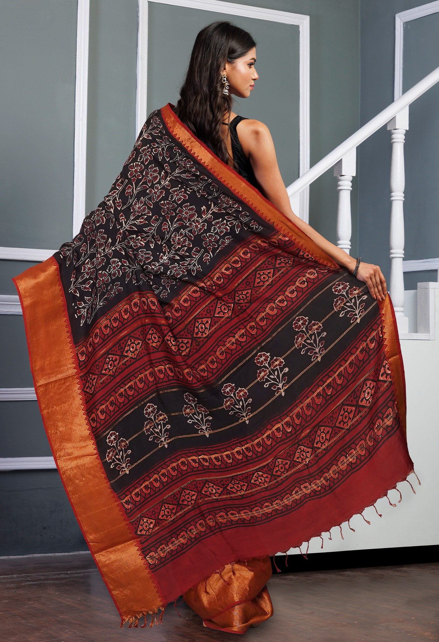 Black Pure Ajrakh Printed Soft Silk Saree-UNM81564