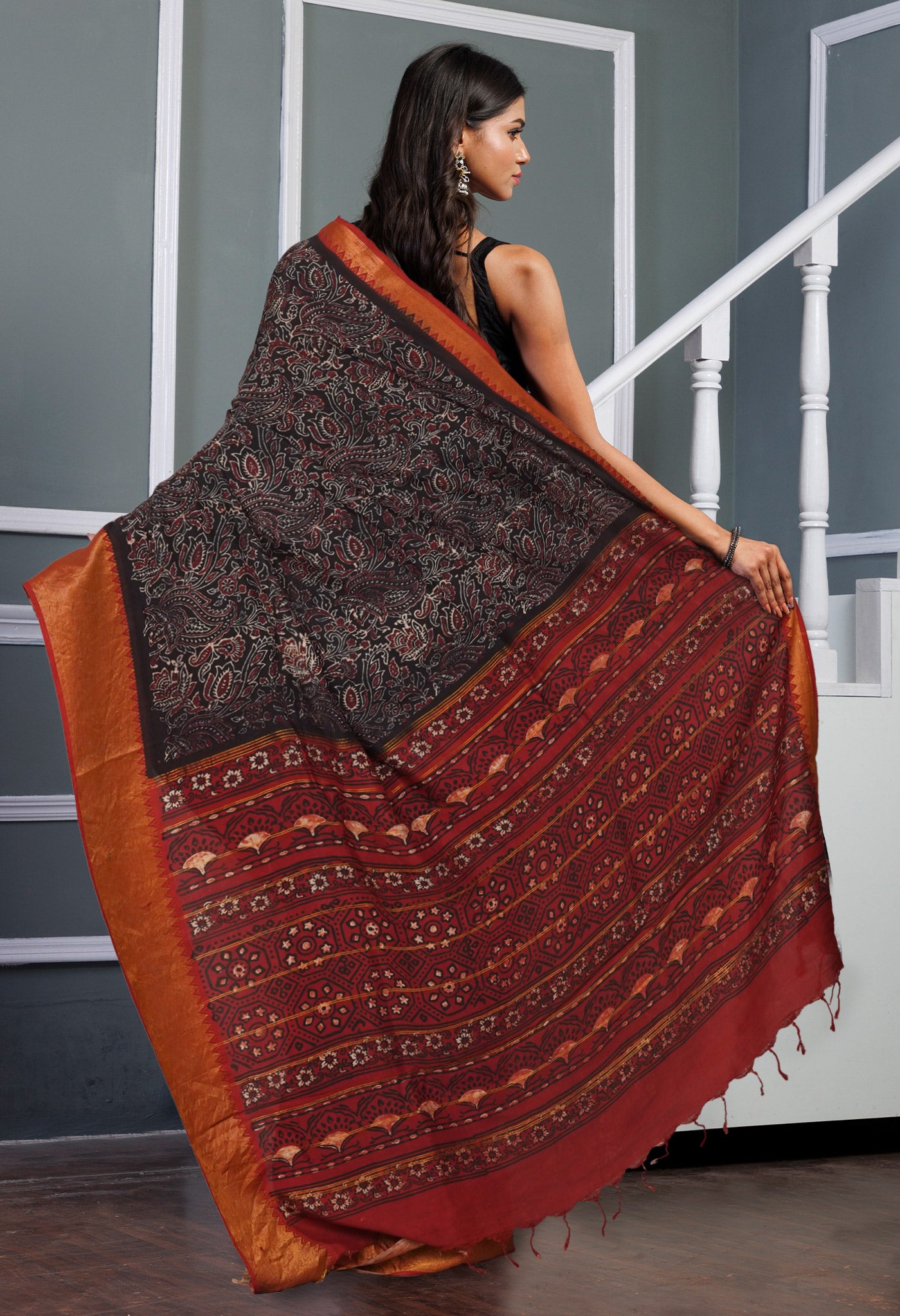 Black Pure Ajrakh Printed Soft Silk Saree-UNM81565