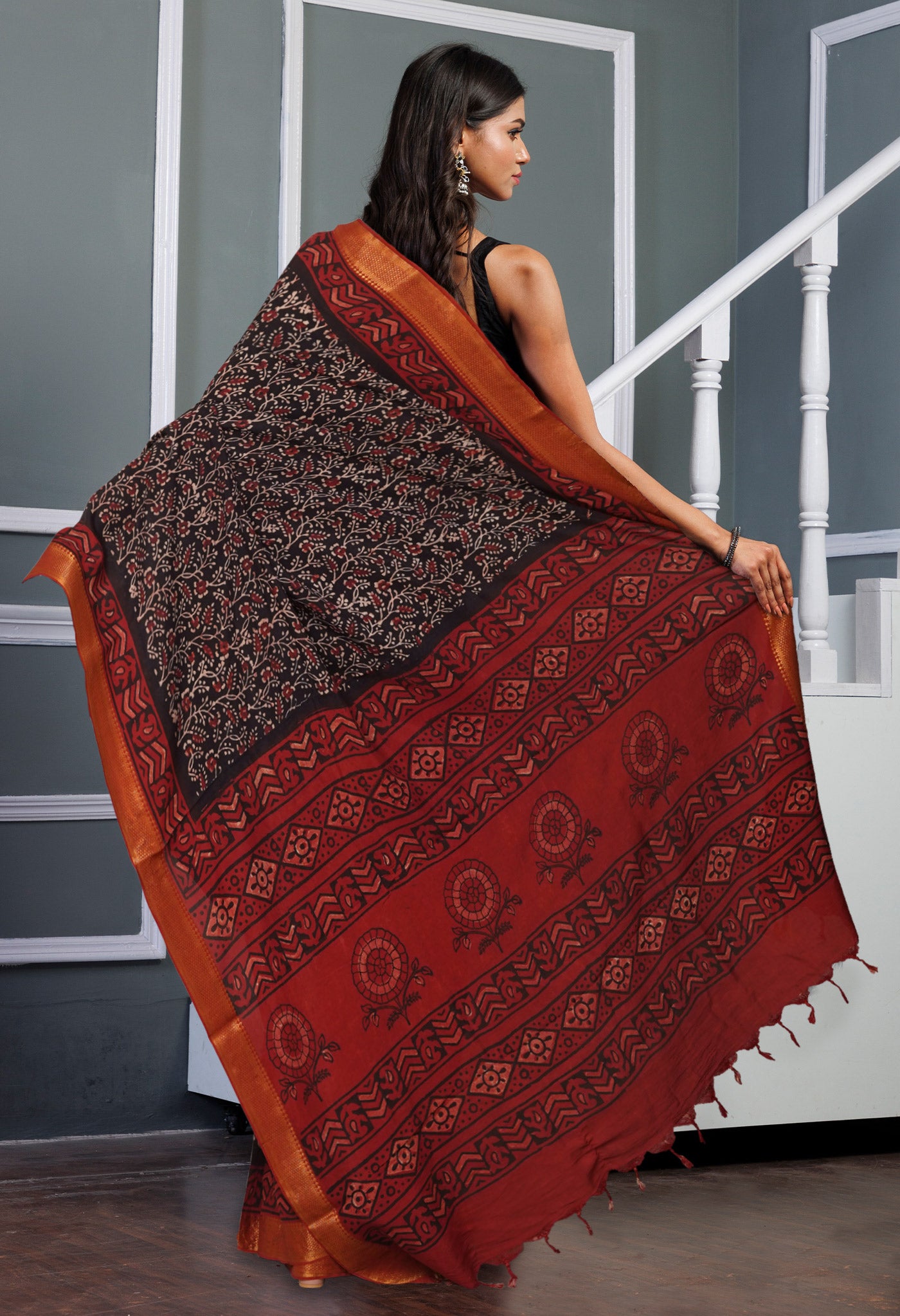 Black Pure Ajrakh Printed Soft Silk Saree-UNM81569