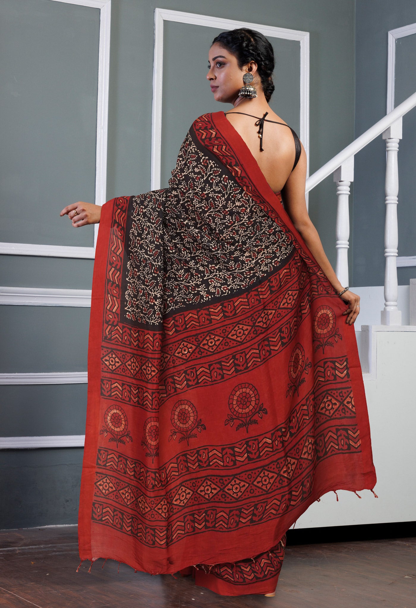 Black Pure Ajrakh Printed Soft Silk Saree-UNM81572