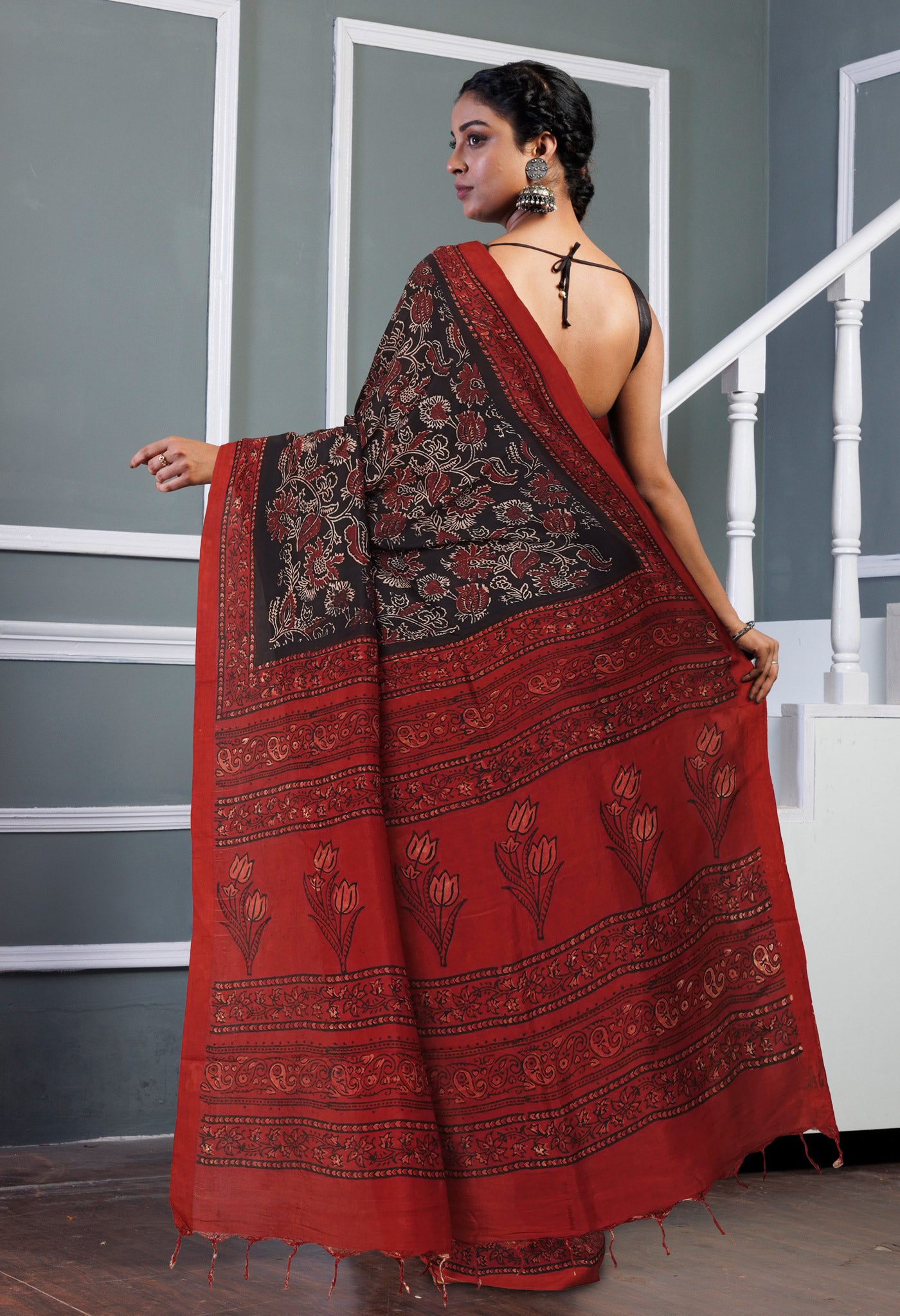 Black Pure Ajrakh Printed Soft Silk Saree-UNM81574