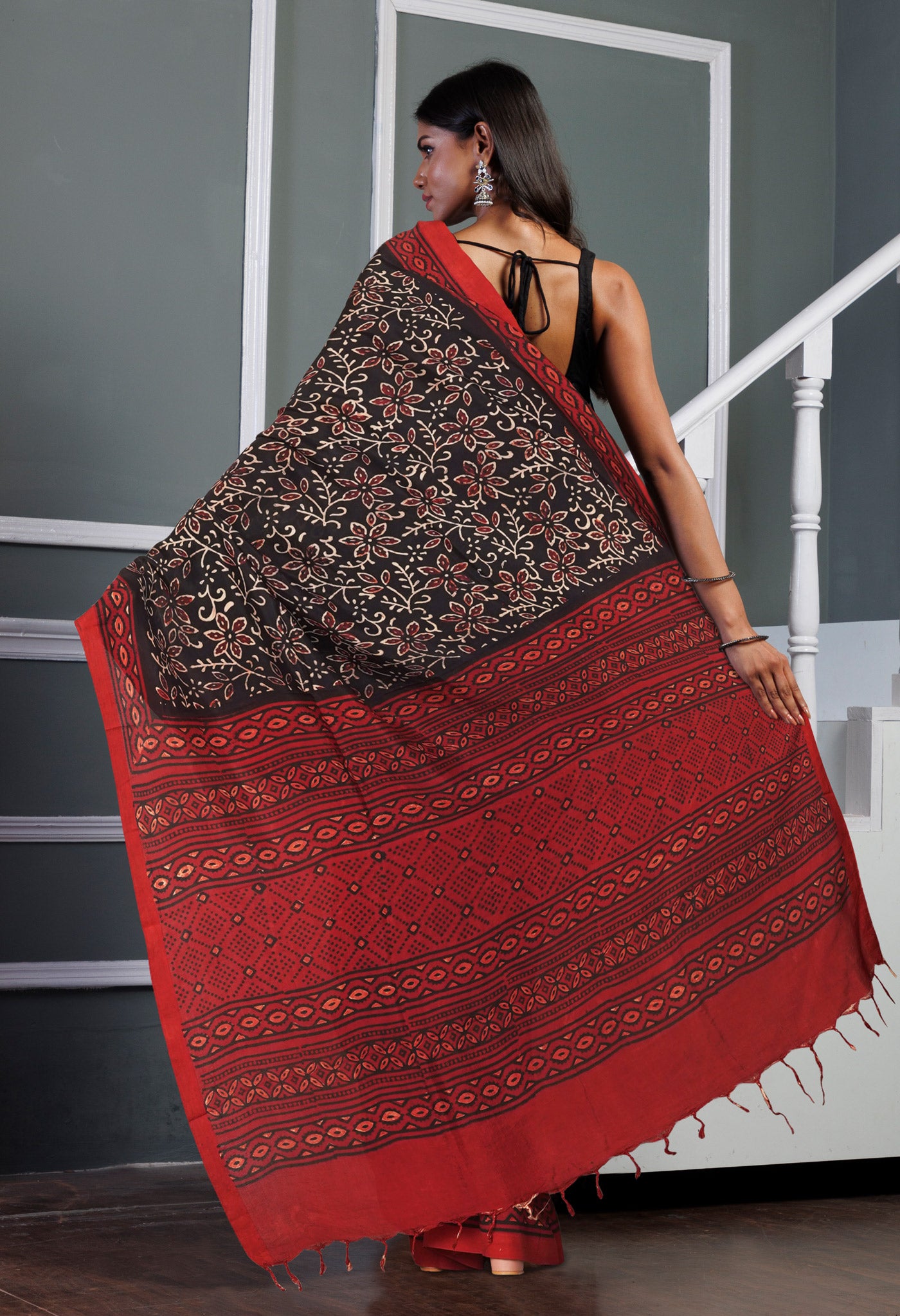 Black Pure Ajrakh Printed Soft Silk Saree-UNM81576