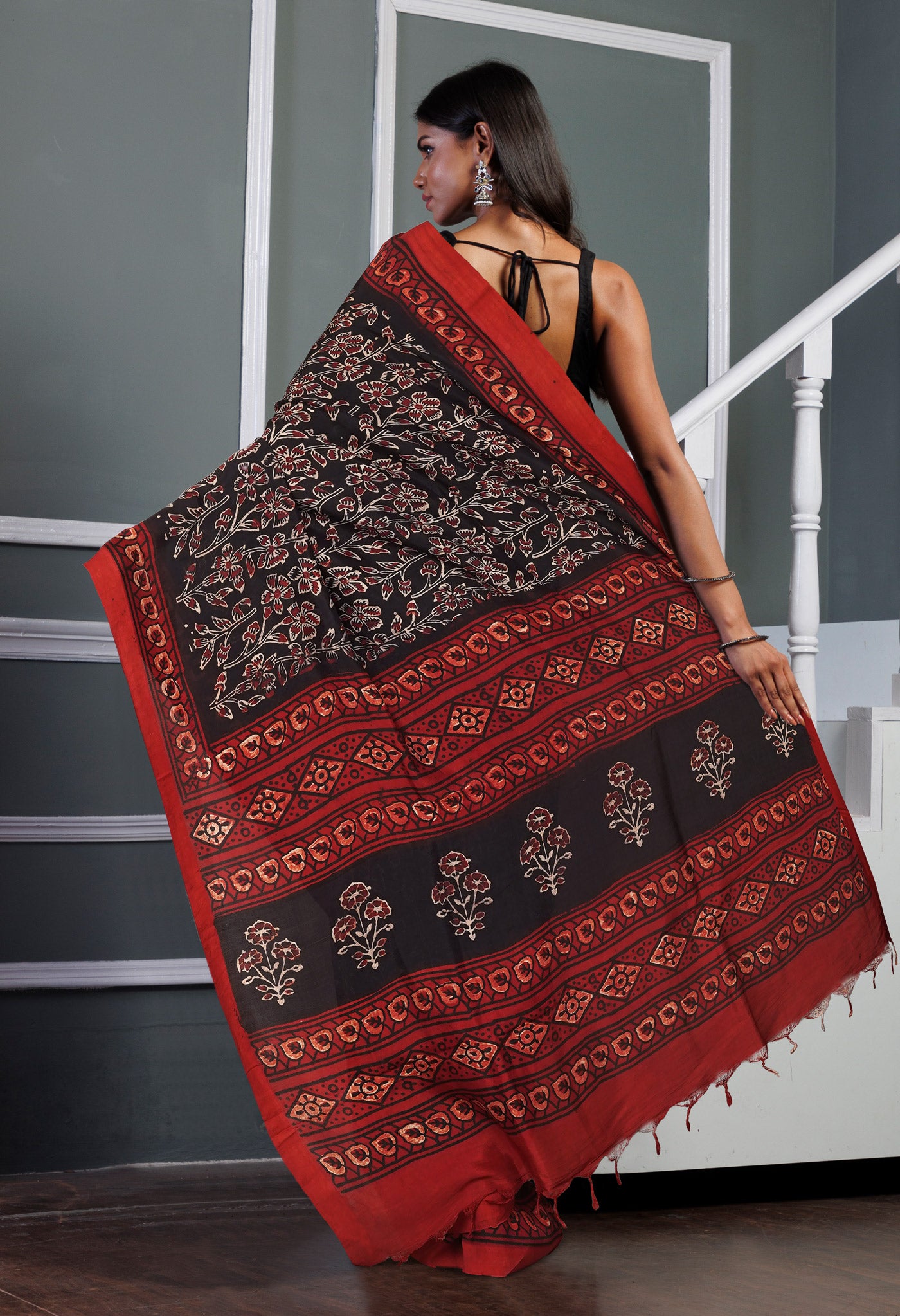 Black Pure Ajrakh Printed Soft Silk Saree-UNM81577