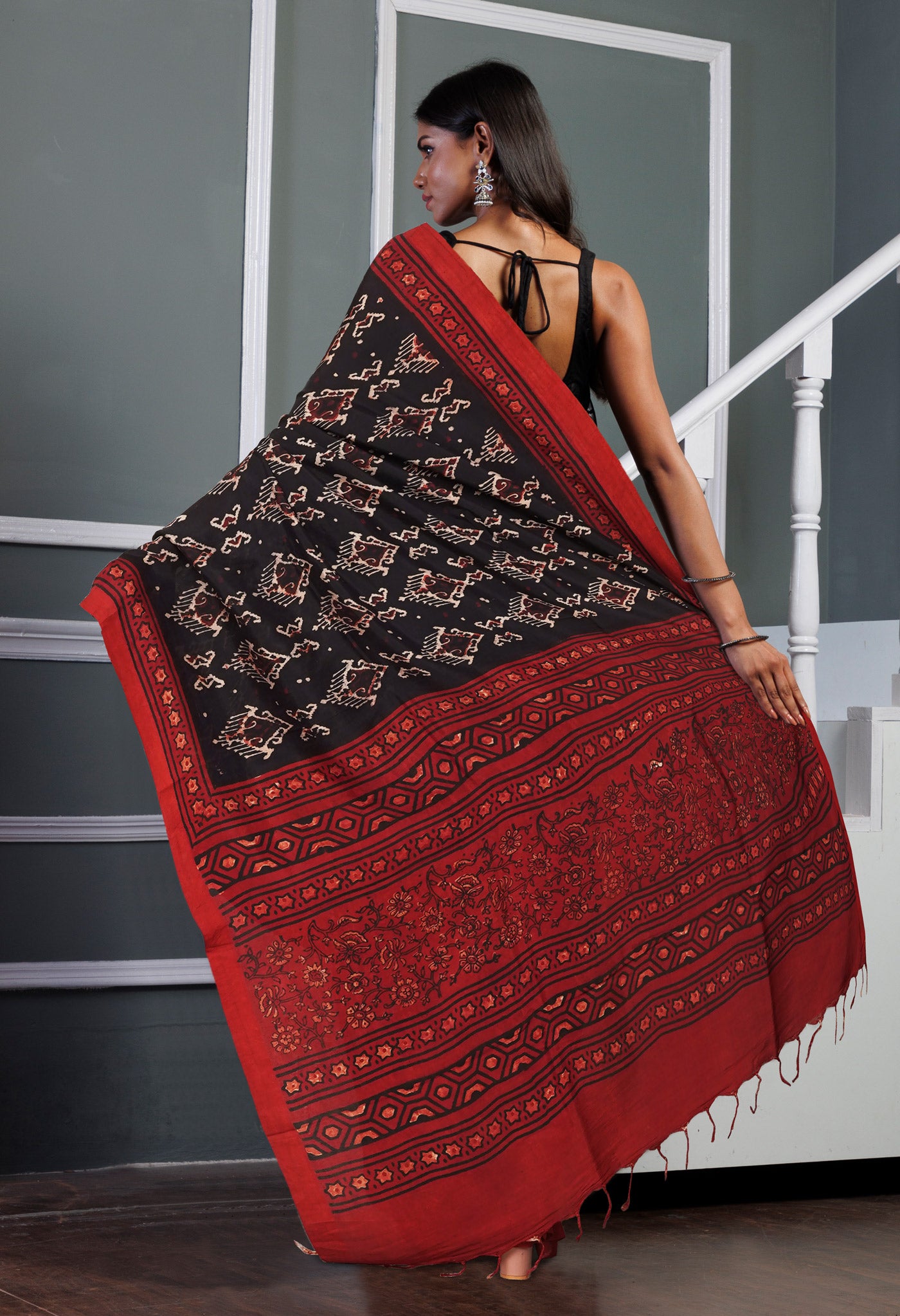 Black Pure Ajrakh Printed Soft Silk Saree-UNM81578