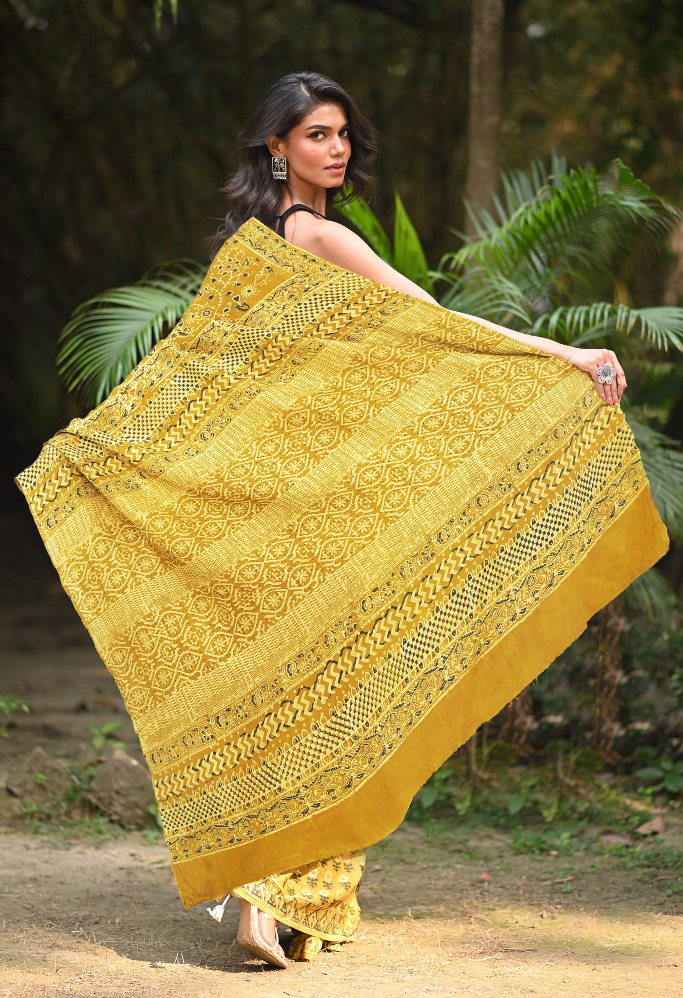 Yellow Pure Ajrakh Printed Cotton Saree-UNM82053