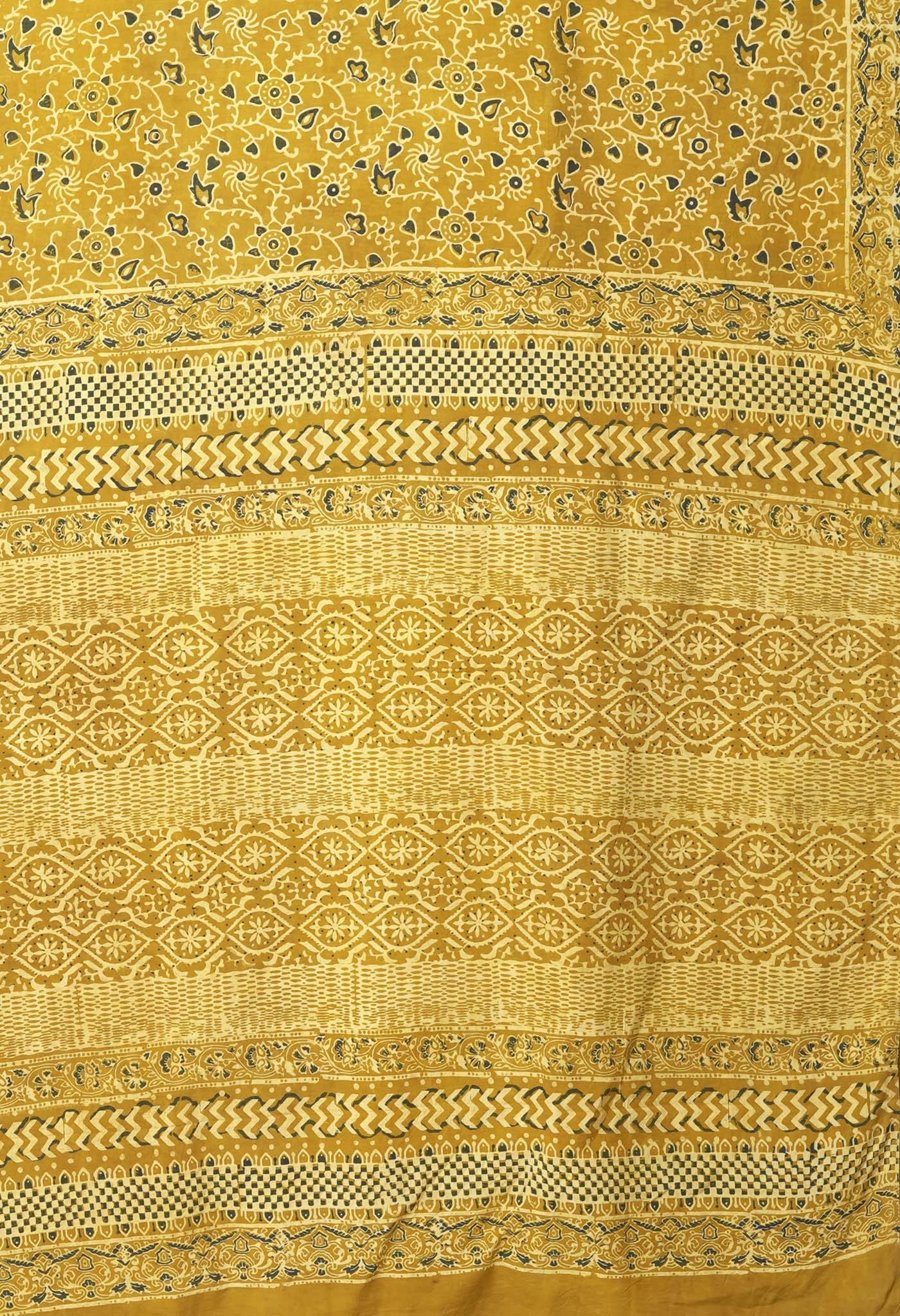 Yellow Pure Ajrakh Printed Cotton Saree-UNM82053