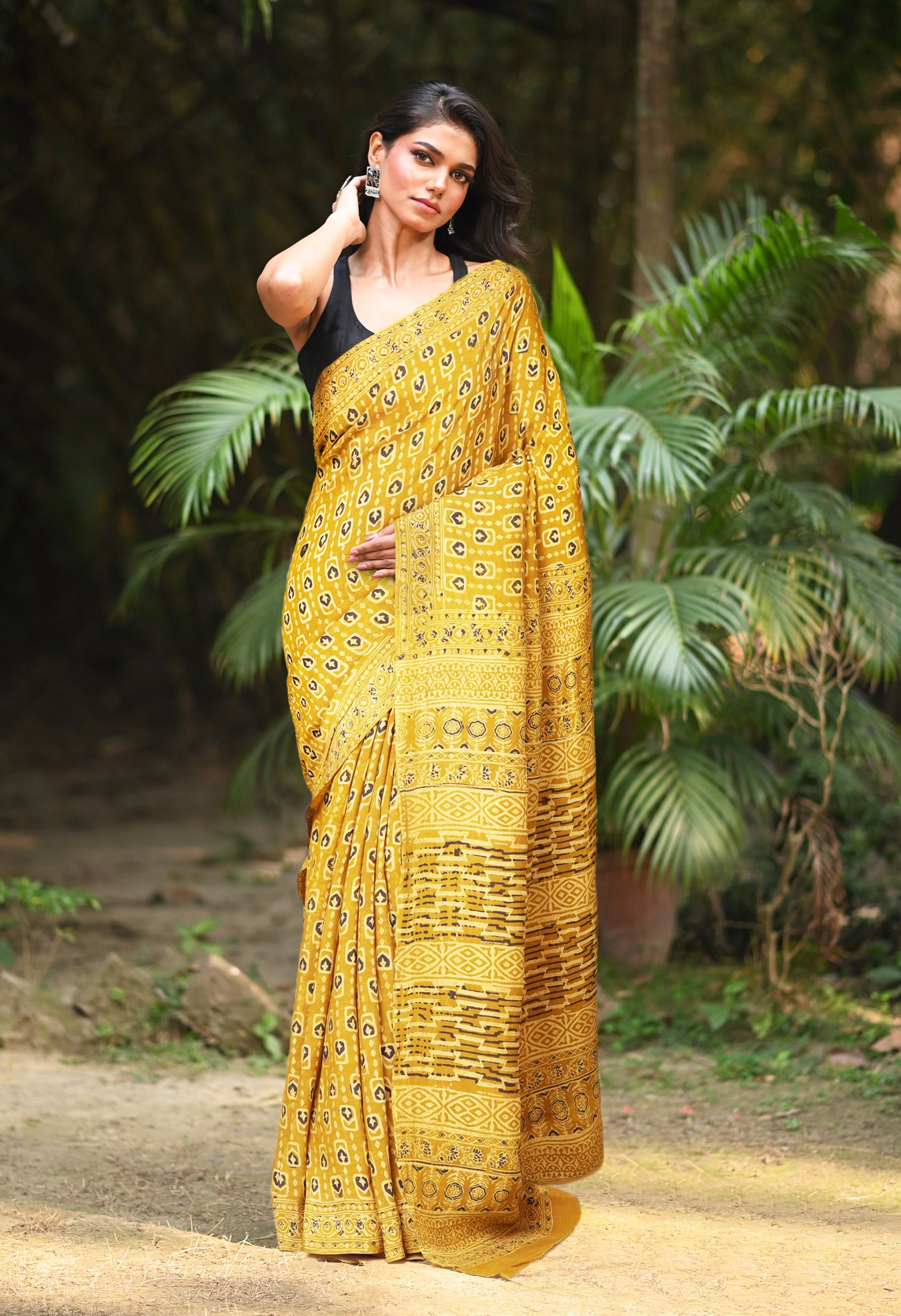 Yellow Pure Ajrakh Printed Cotton Saree-UNM82055