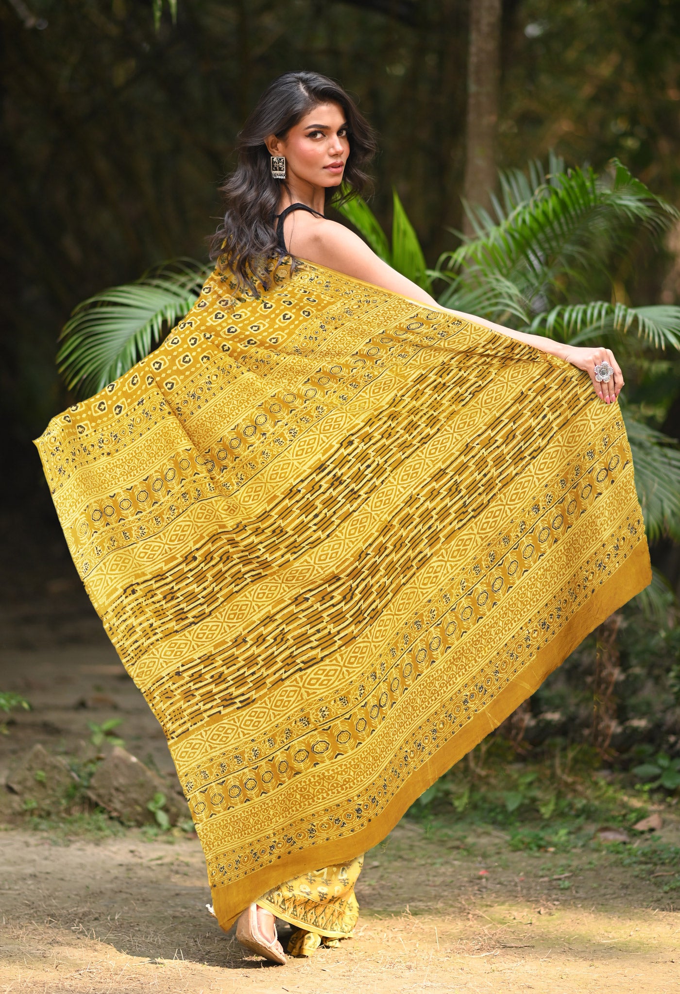Yellow Pure Ajrakh Printed Cotton Saree-UNM82055