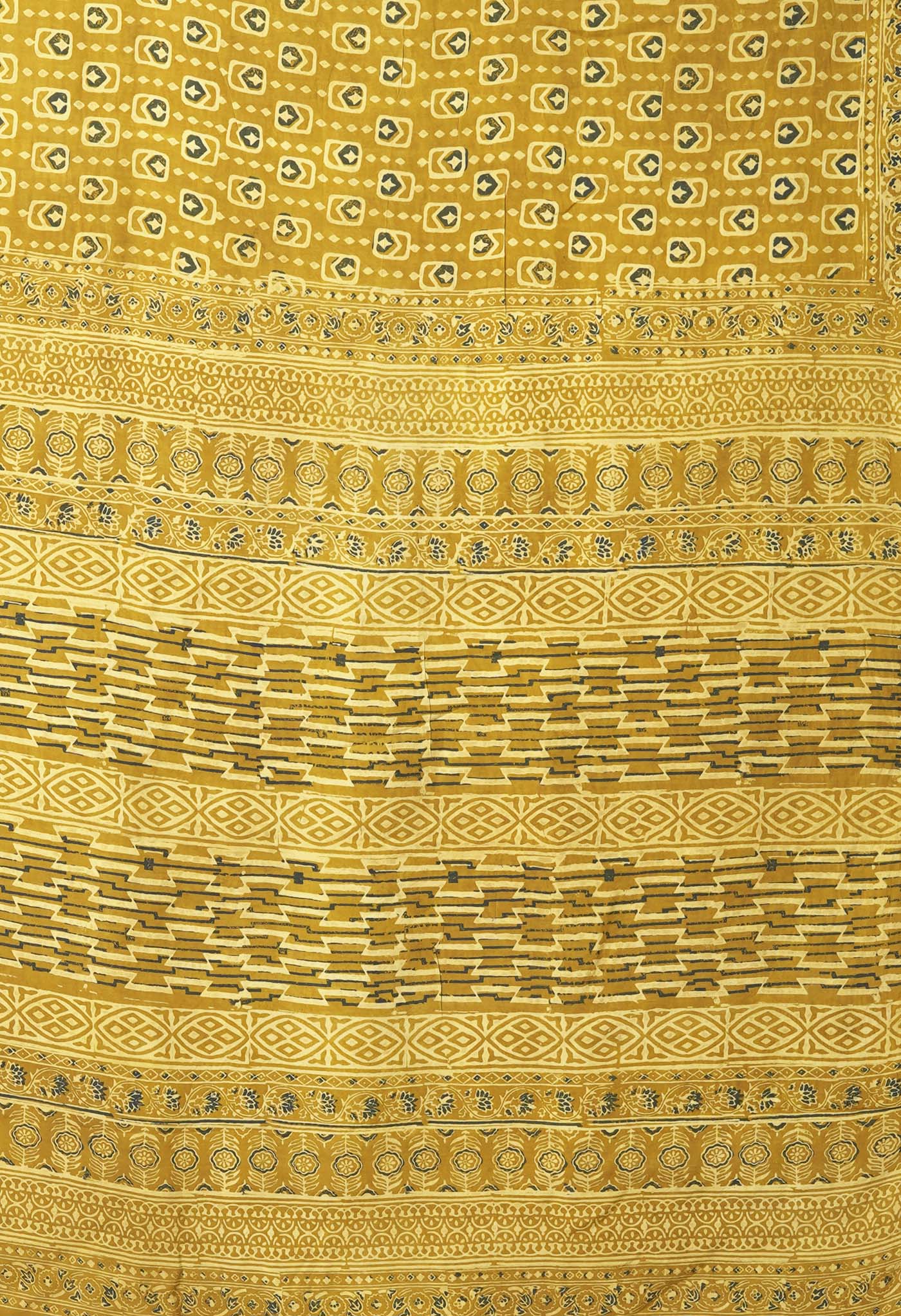 Yellow Pure Ajrakh Printed Cotton Saree-UNM82055