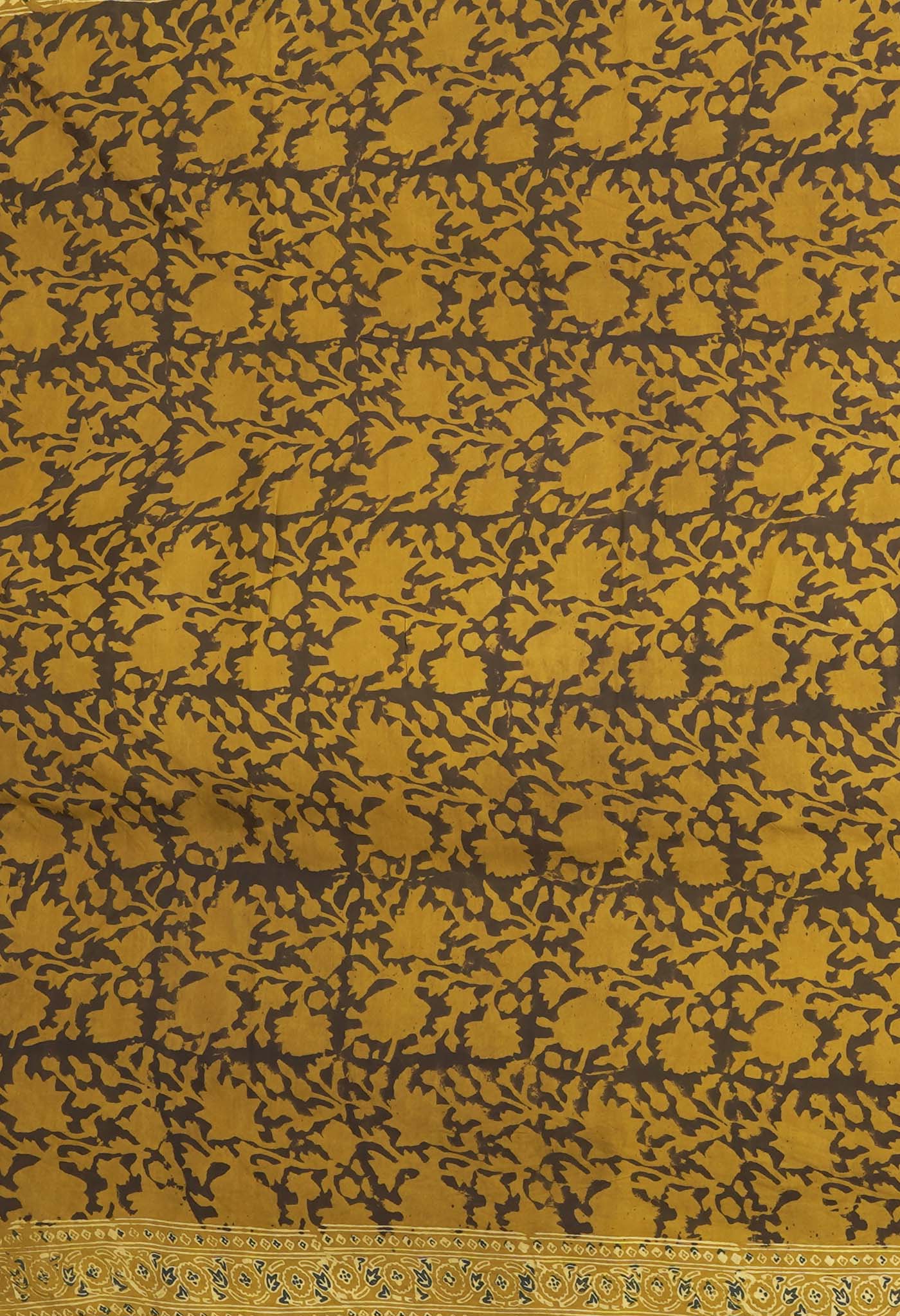 Yellow Pure Ajrakh Printed Cotton Saree-UNM82055