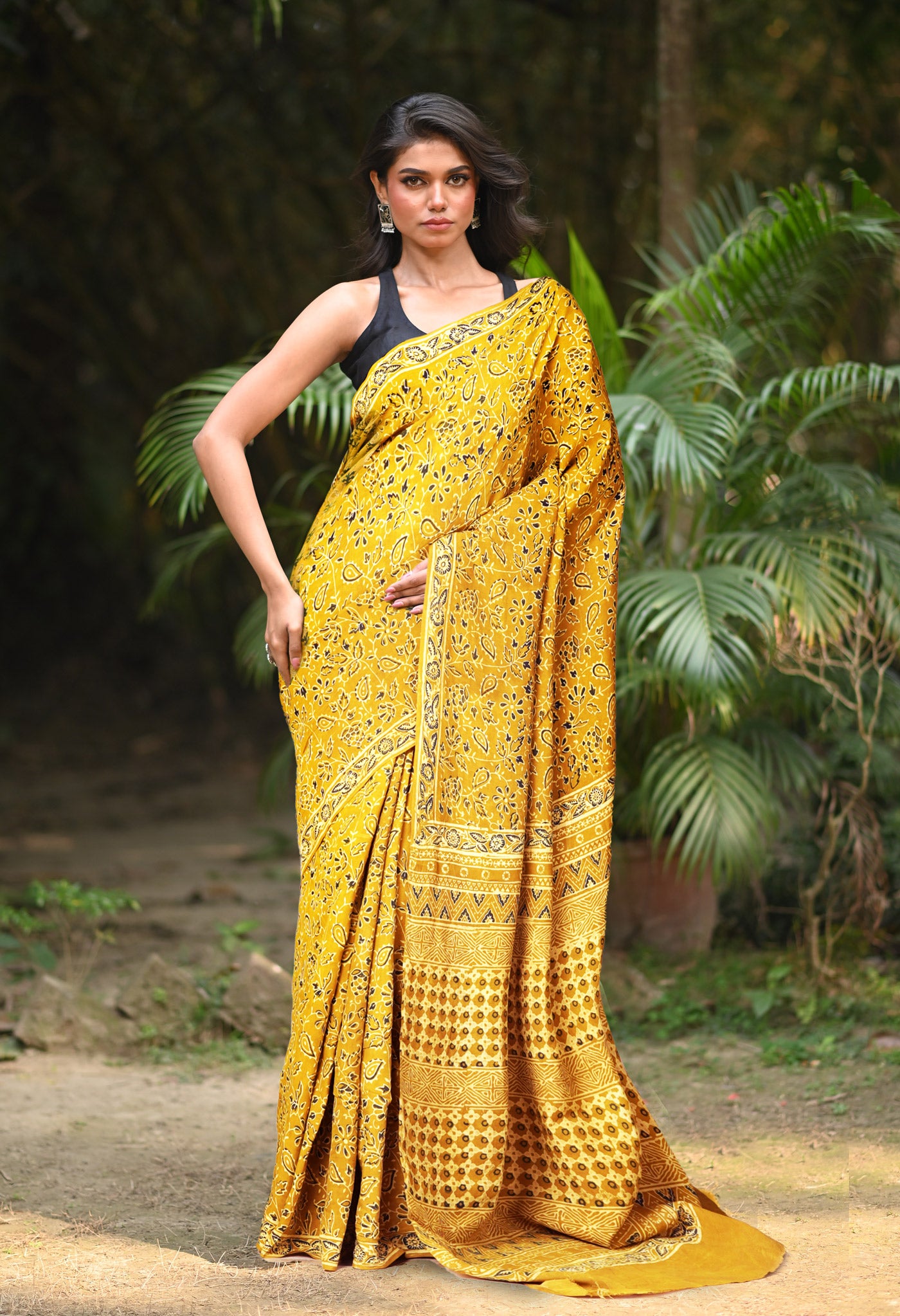 Yellow Pure Ajrakh Printed Cotton Saree-UNM82056