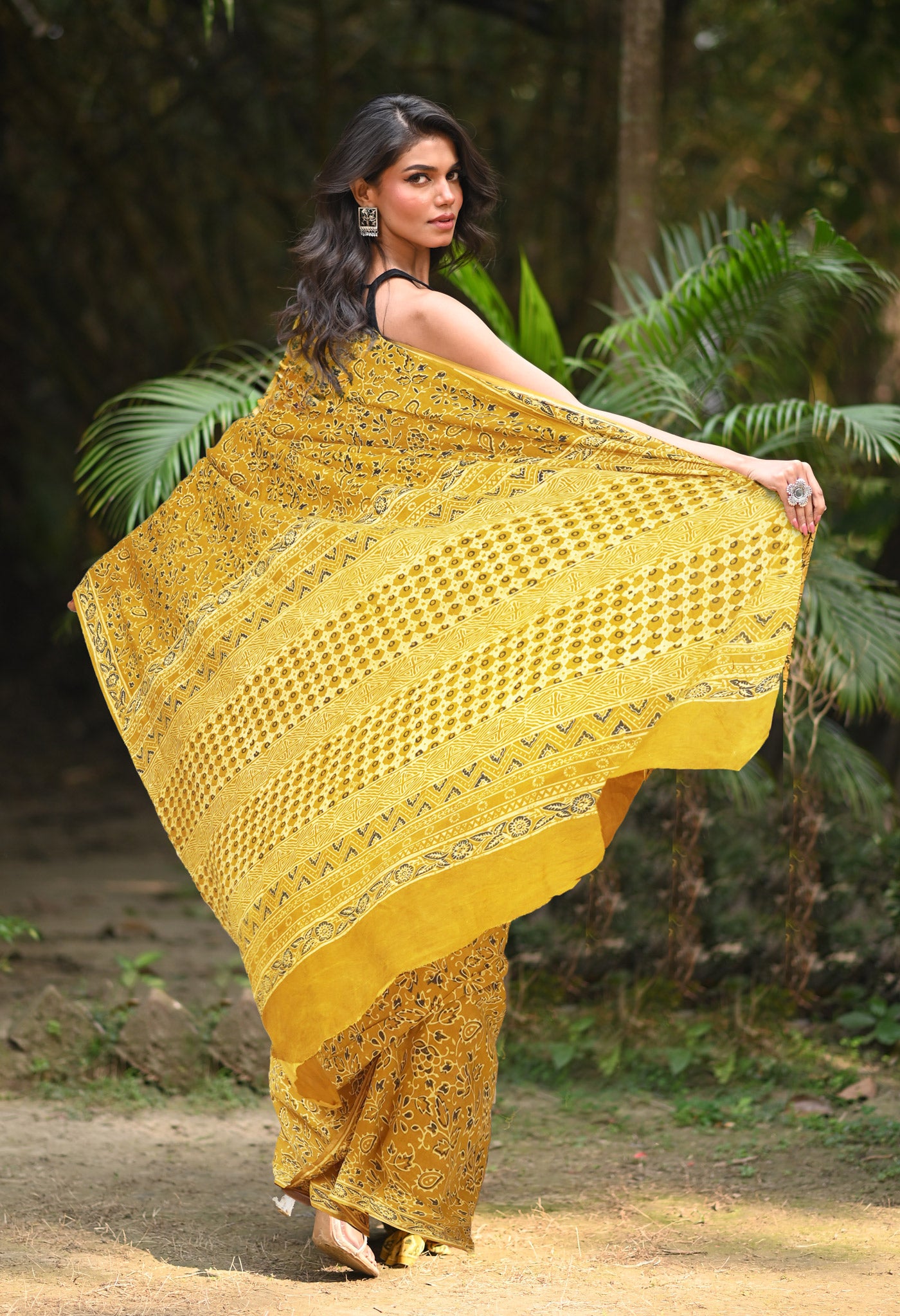 Yellow Pure Ajrakh Printed Cotton Saree-UNM82056