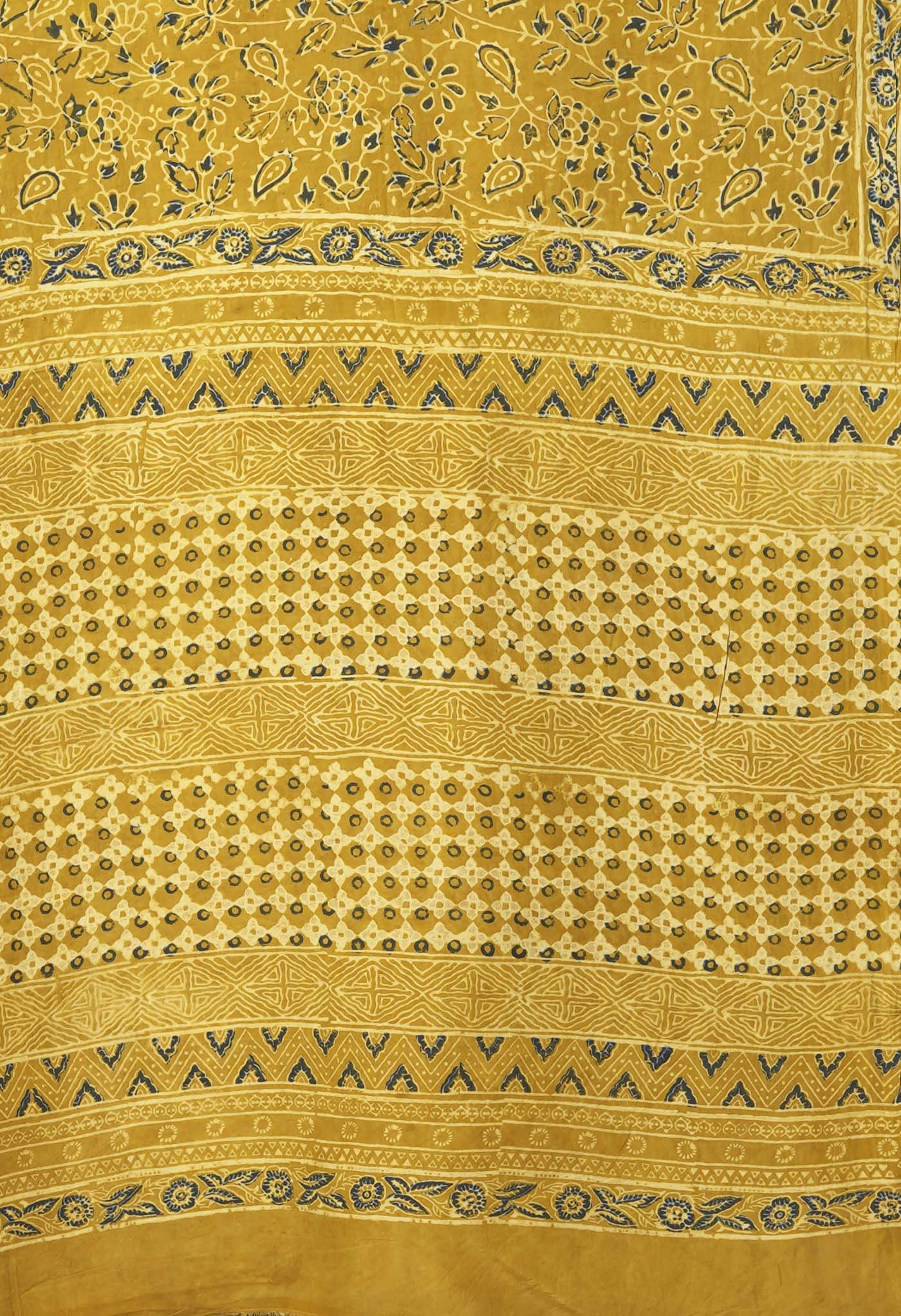 Yellow Pure Ajrakh Printed Cotton Saree-UNM82056