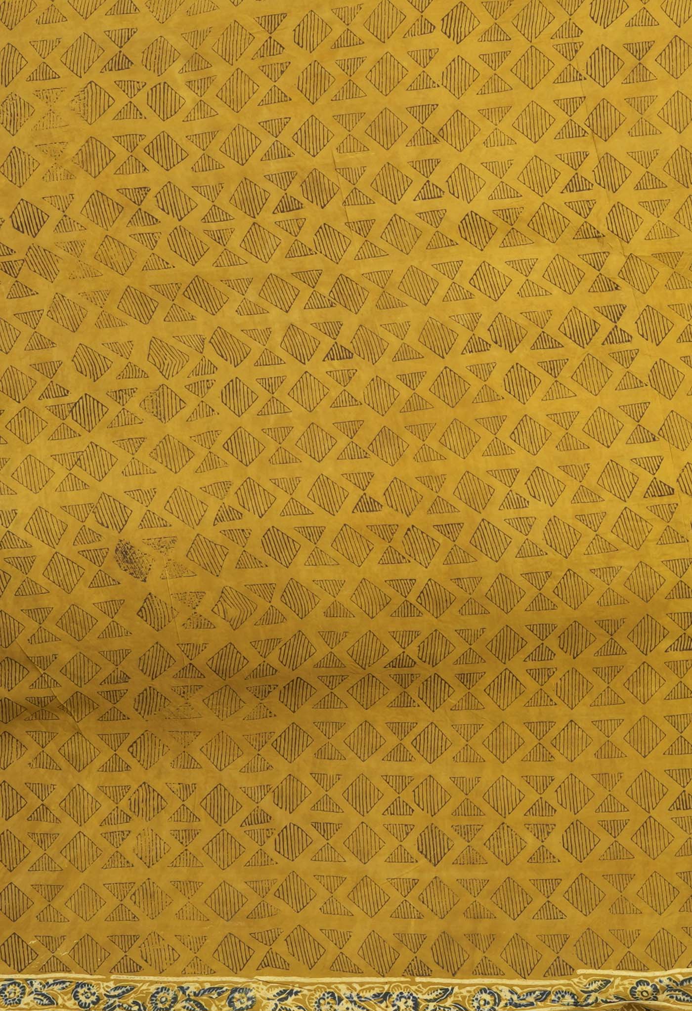 Yellow Pure Ajrakh Printed Cotton Saree-UNM82056