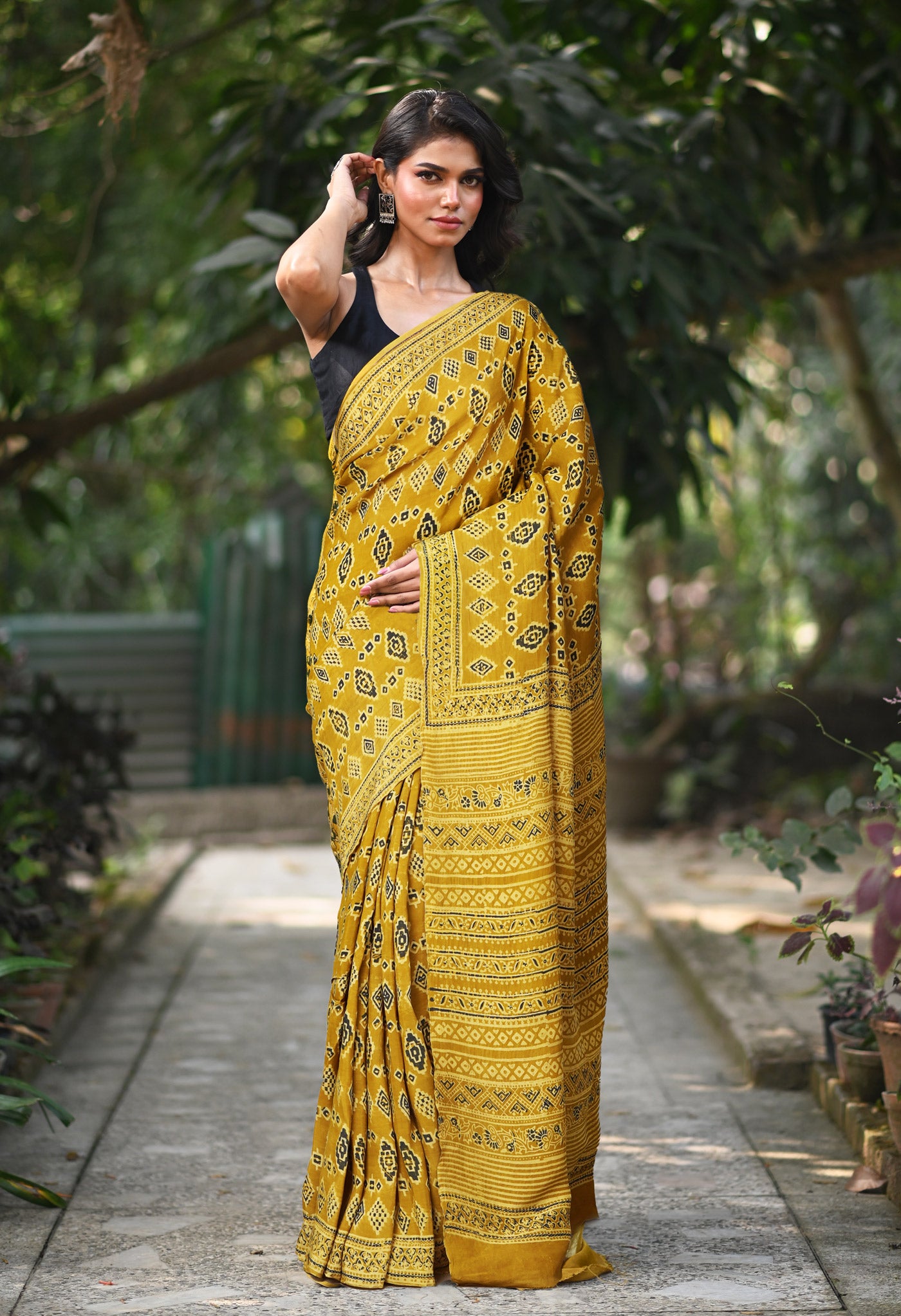Yellow Pure Ajrakh Printed Cotton Saree-UNM82057