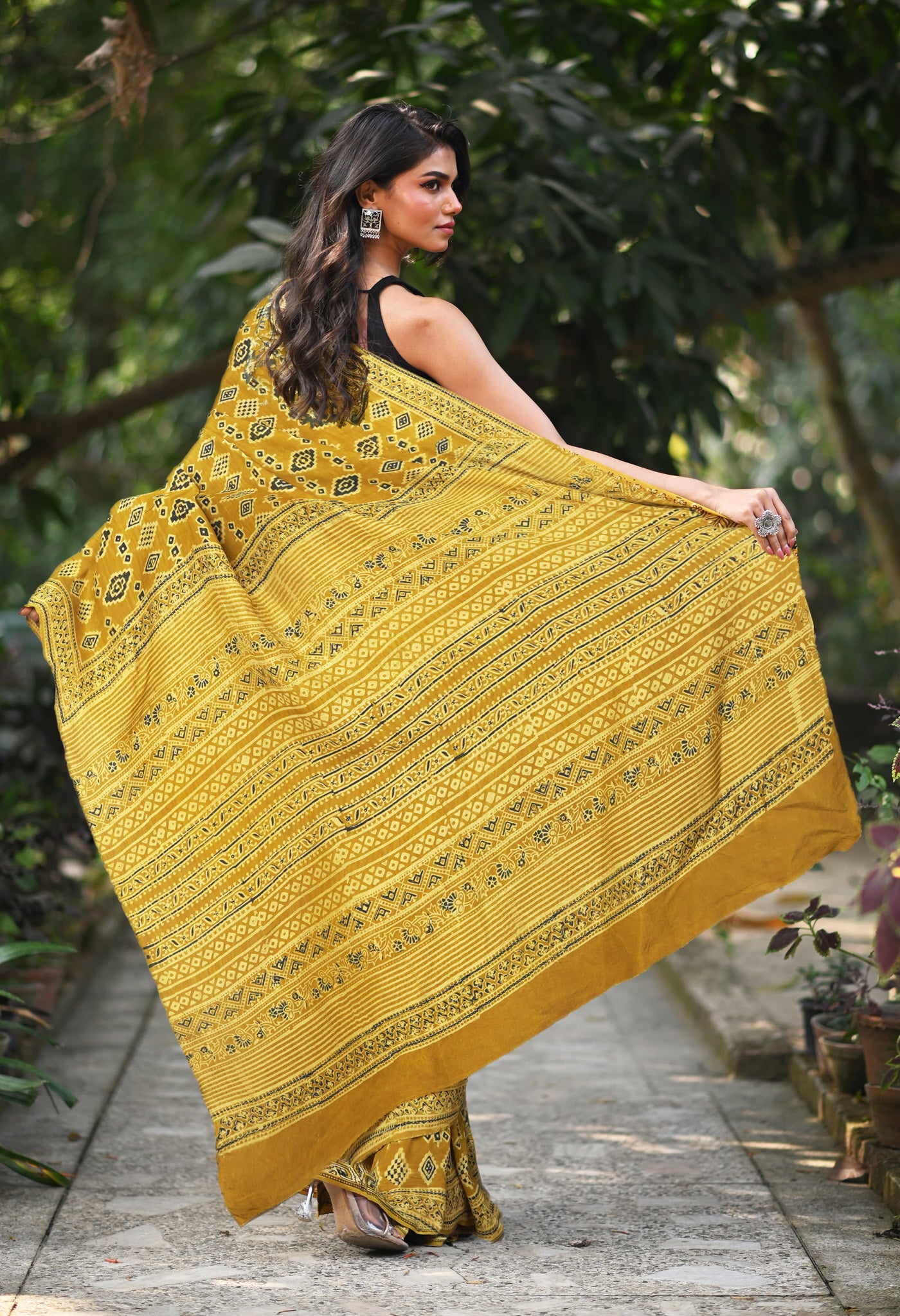 Yellow Pure Ajrakh Printed Cotton Saree-UNM82057