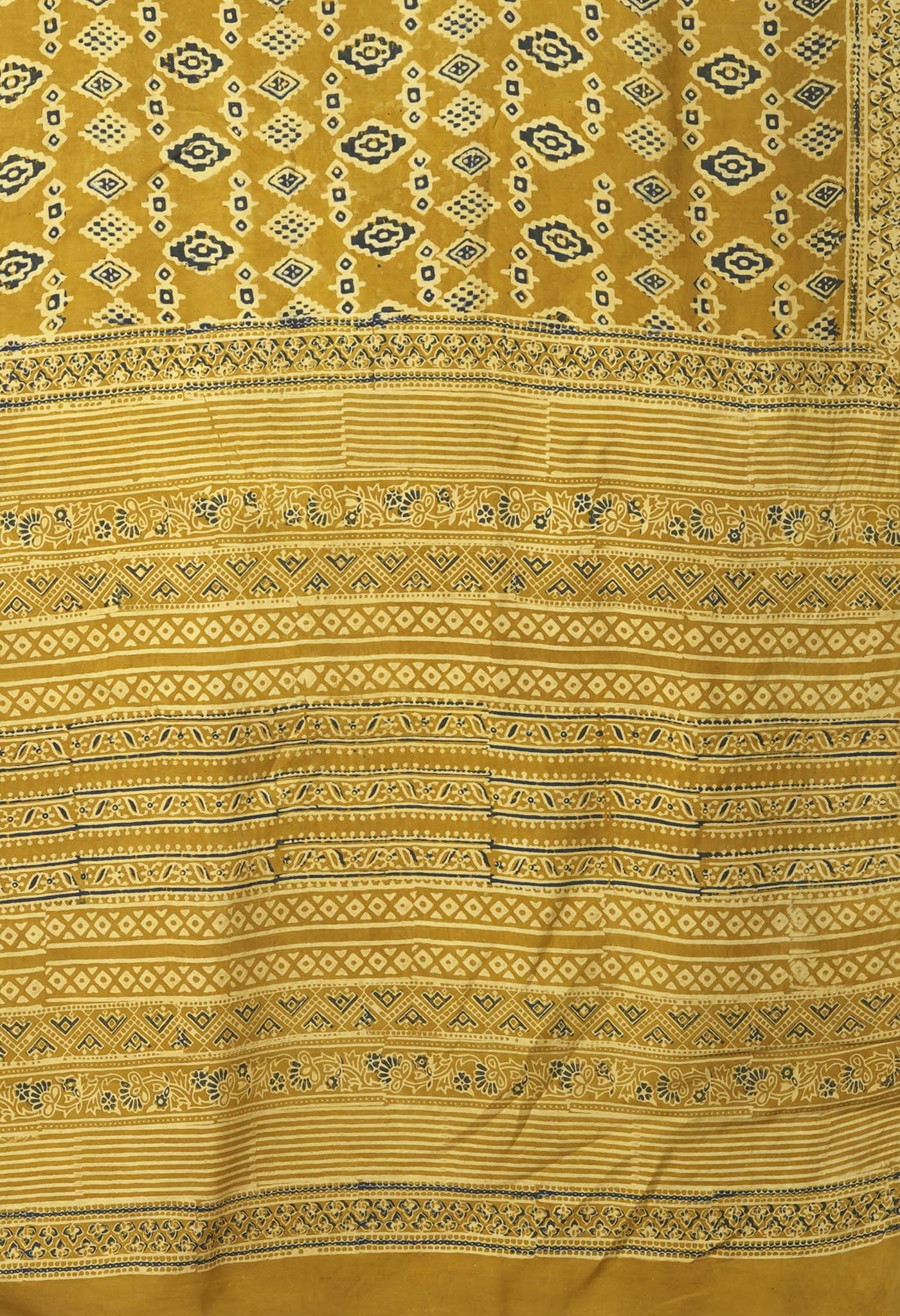 Yellow Pure Ajrakh Printed Cotton Saree-UNM82057