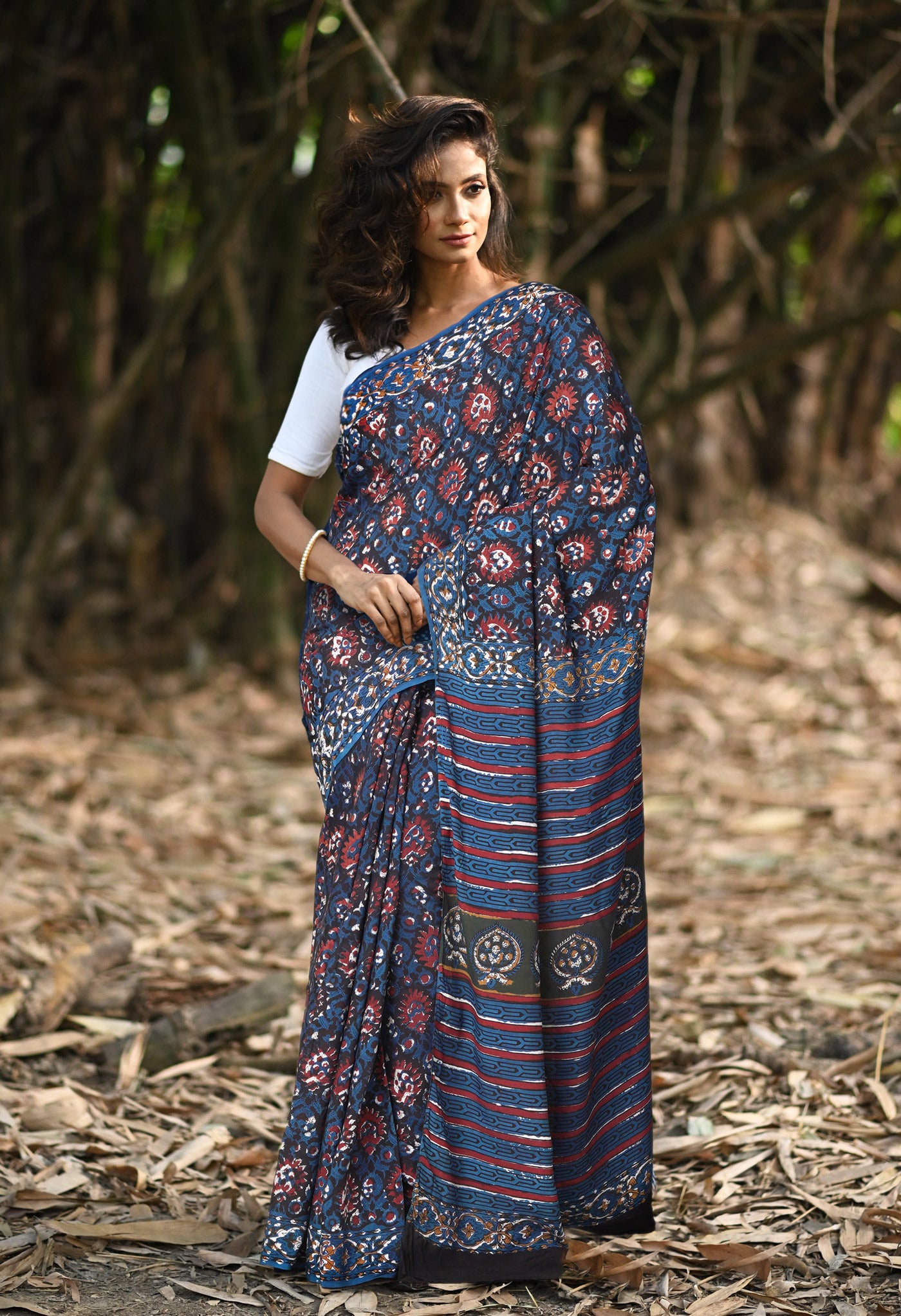 Blue Pure Ajrakh Printed Cotton Saree-UNM82060