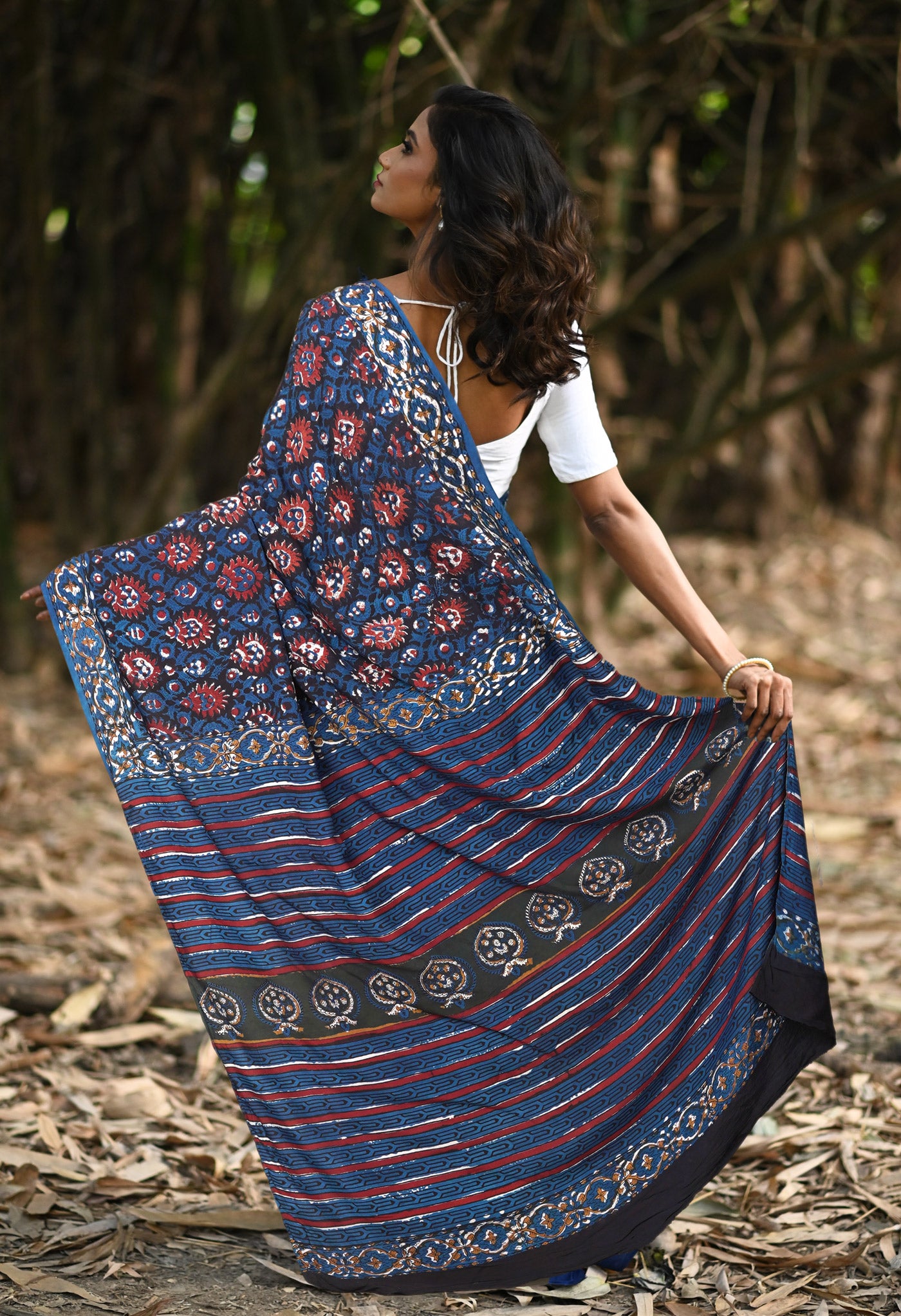 Blue Pure Ajrakh Printed Cotton Saree-UNM82060