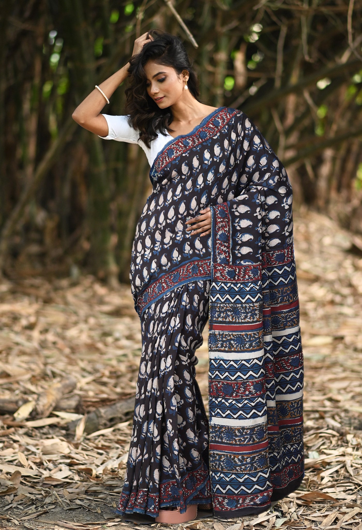 Black-Blue Pure Ajrakh Printed Uppada Sico Saree-UNM82064
