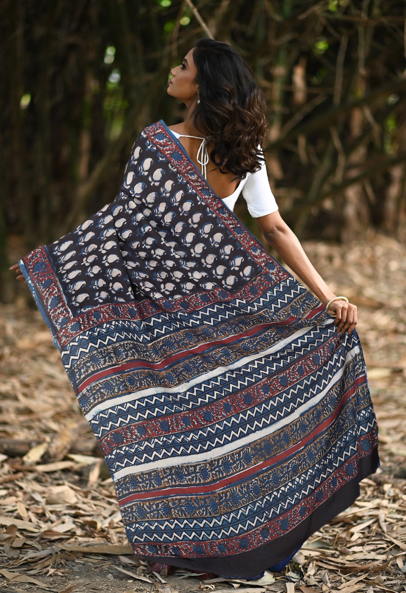 Black-Blue Pure Ajrakh Printed Uppada Sico Saree-UNM82064