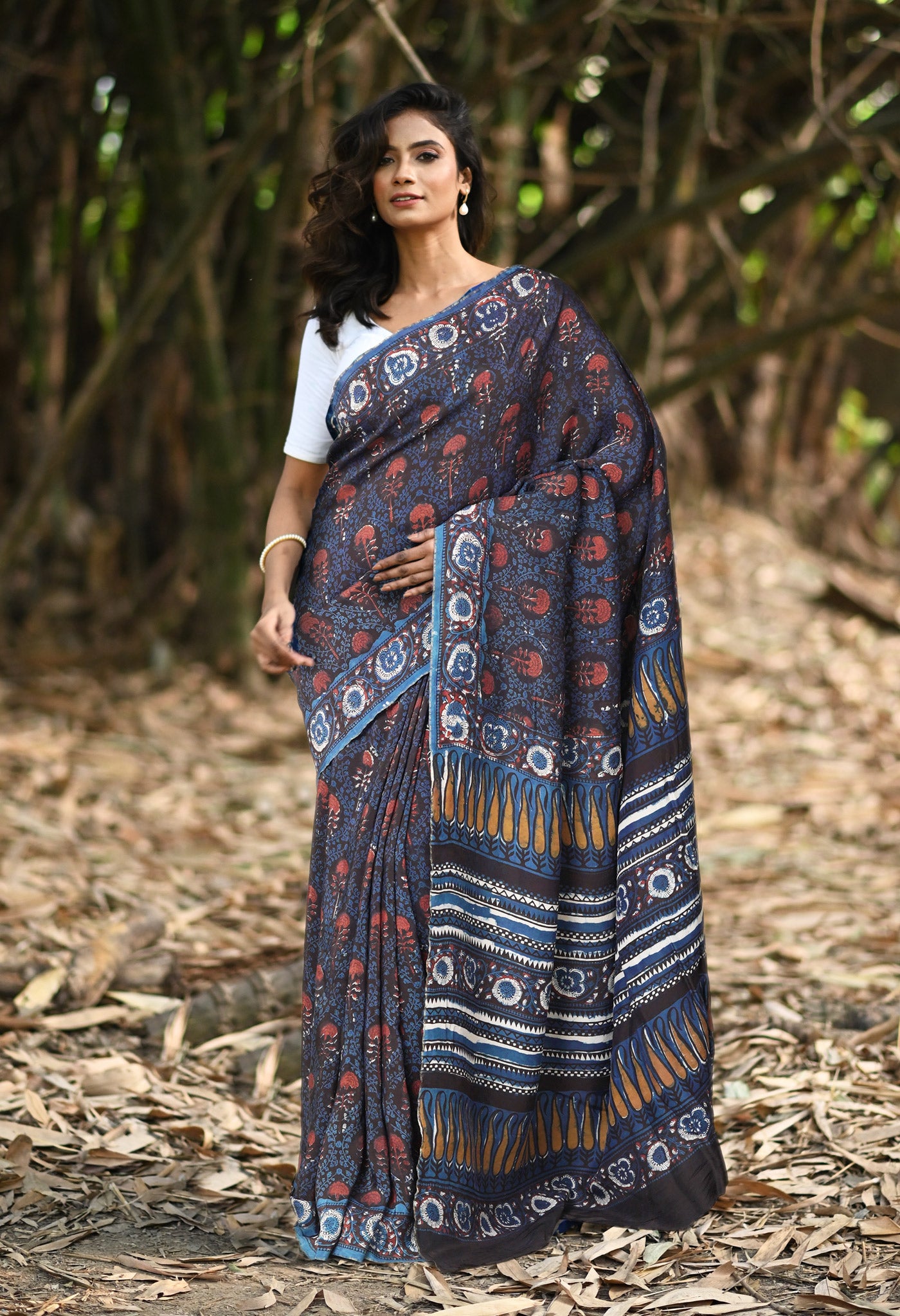 Black-Blue Pure Ajrakh Printed Uppada Sico Saree-UNM82068