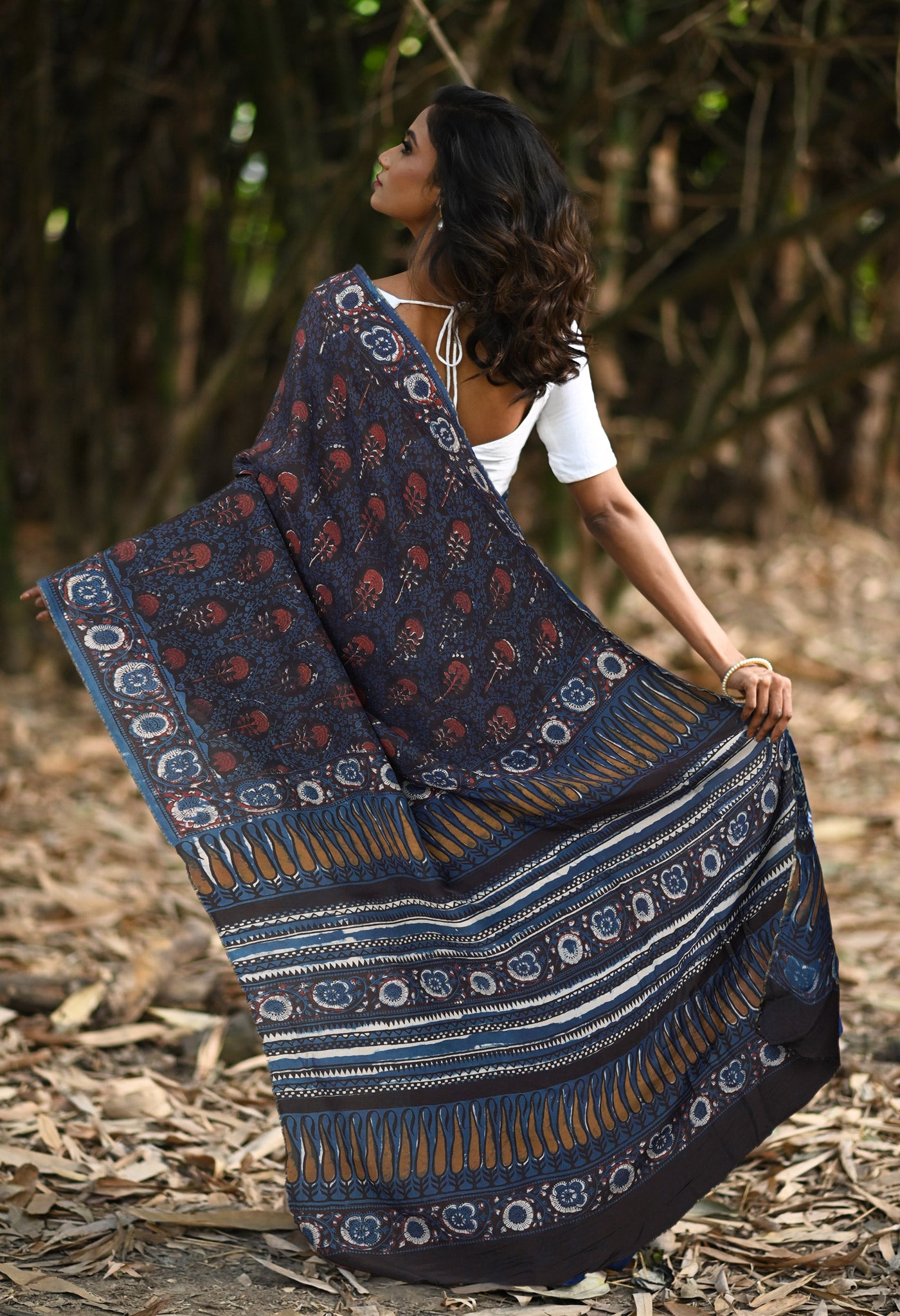 Black-Blue Pure Ajrakh Printed Uppada Sico Saree-UNM82068