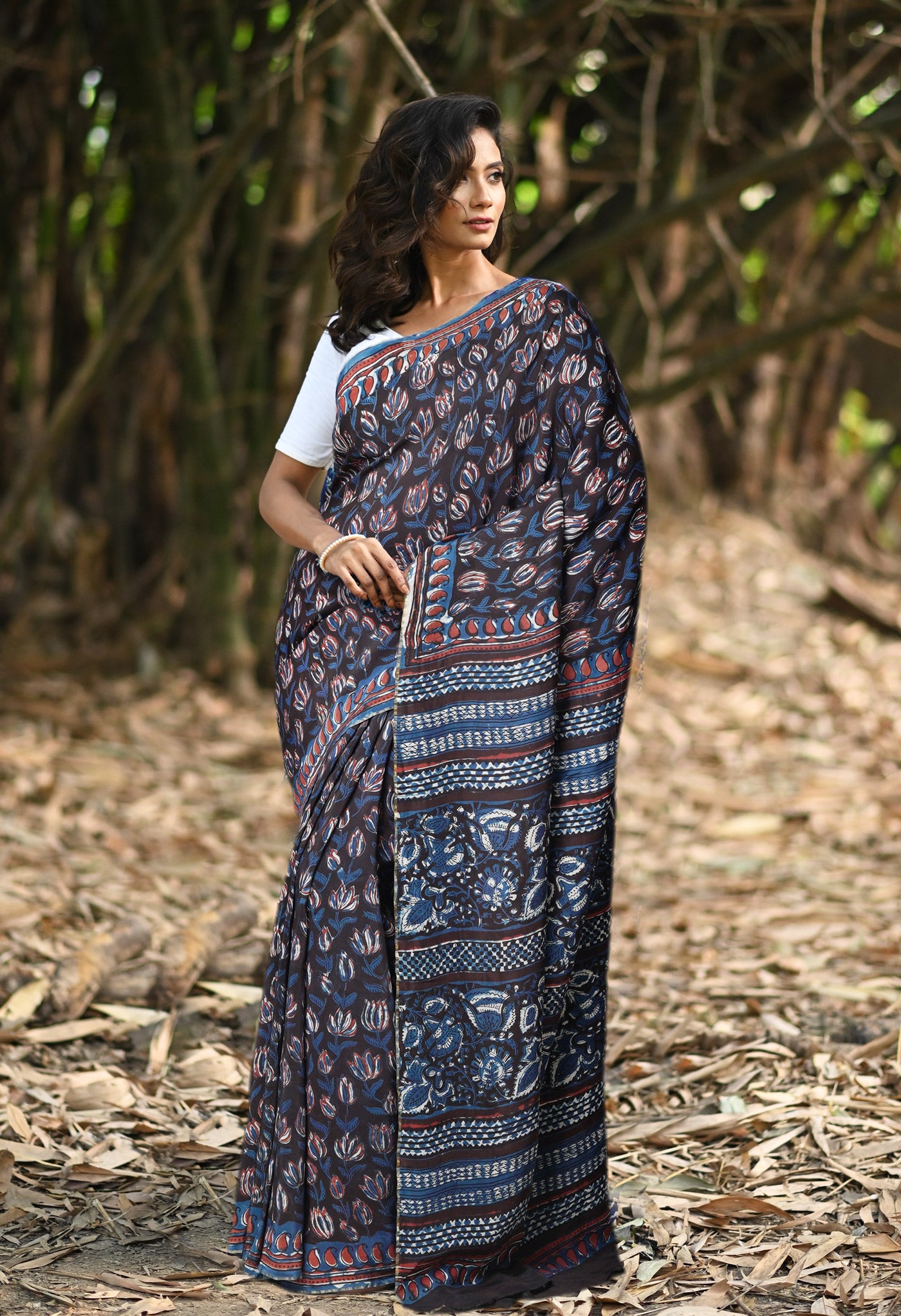 Black-Blue Pure Ajrakh Printed Uppada Sico Saree-UNM82071