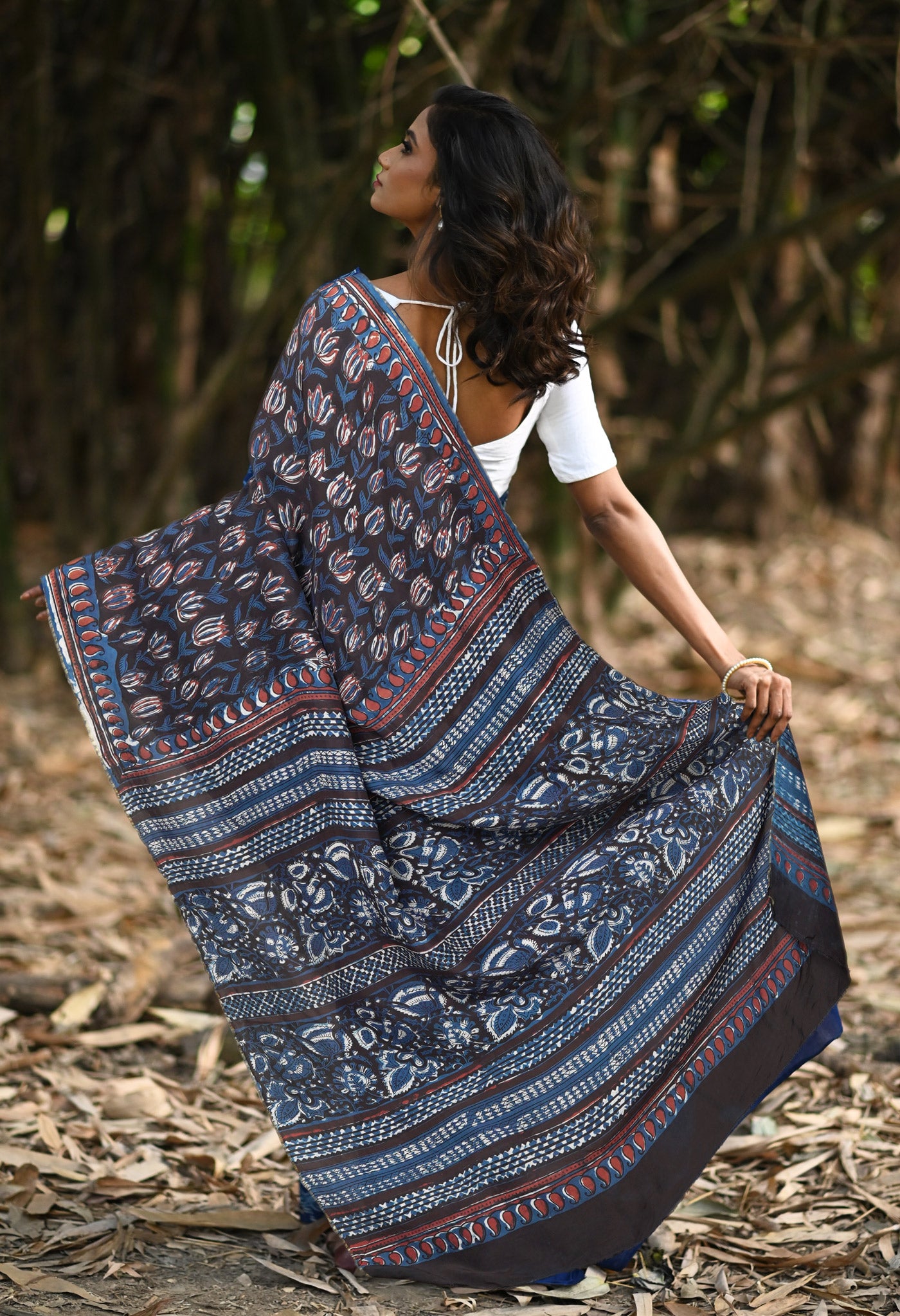 Black-Blue Pure Ajrakh Printed Uppada Sico Saree-UNM82071