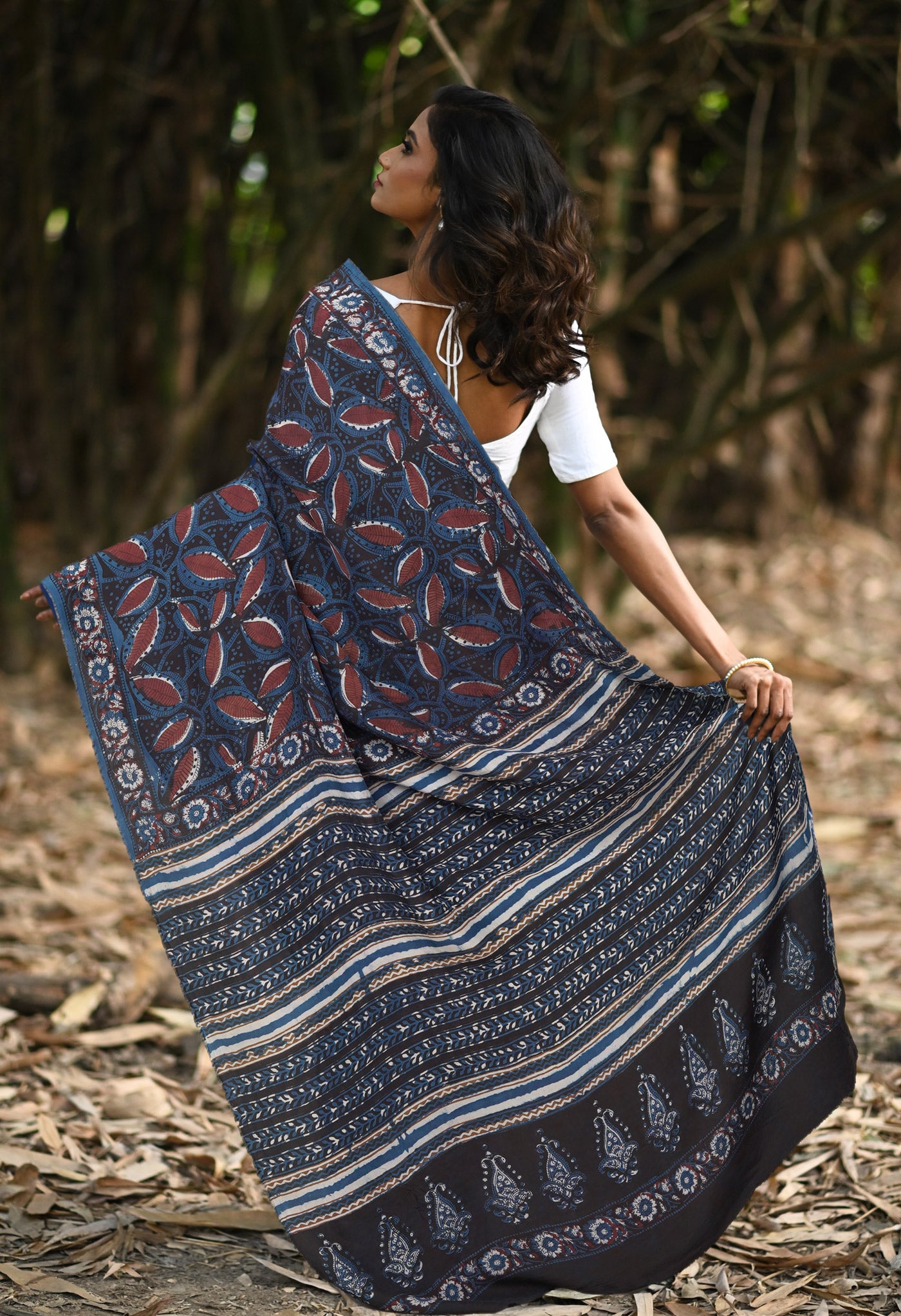 Black-Blue Pure Ajrakh Printed Uppada Sico Saree-UNM82072