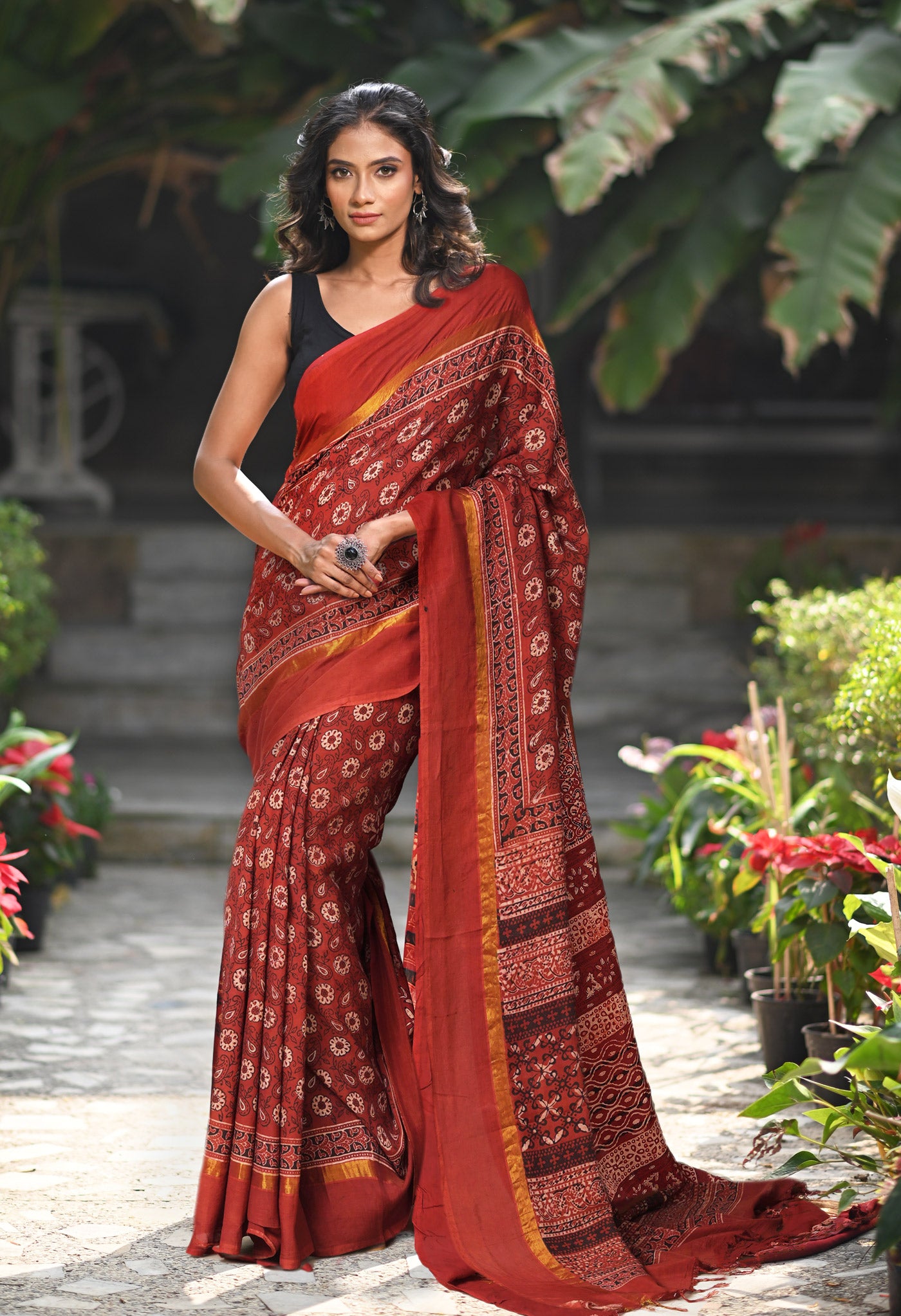 Red Pure Ajrakh Printed Soft Silk Saree-UNM82076