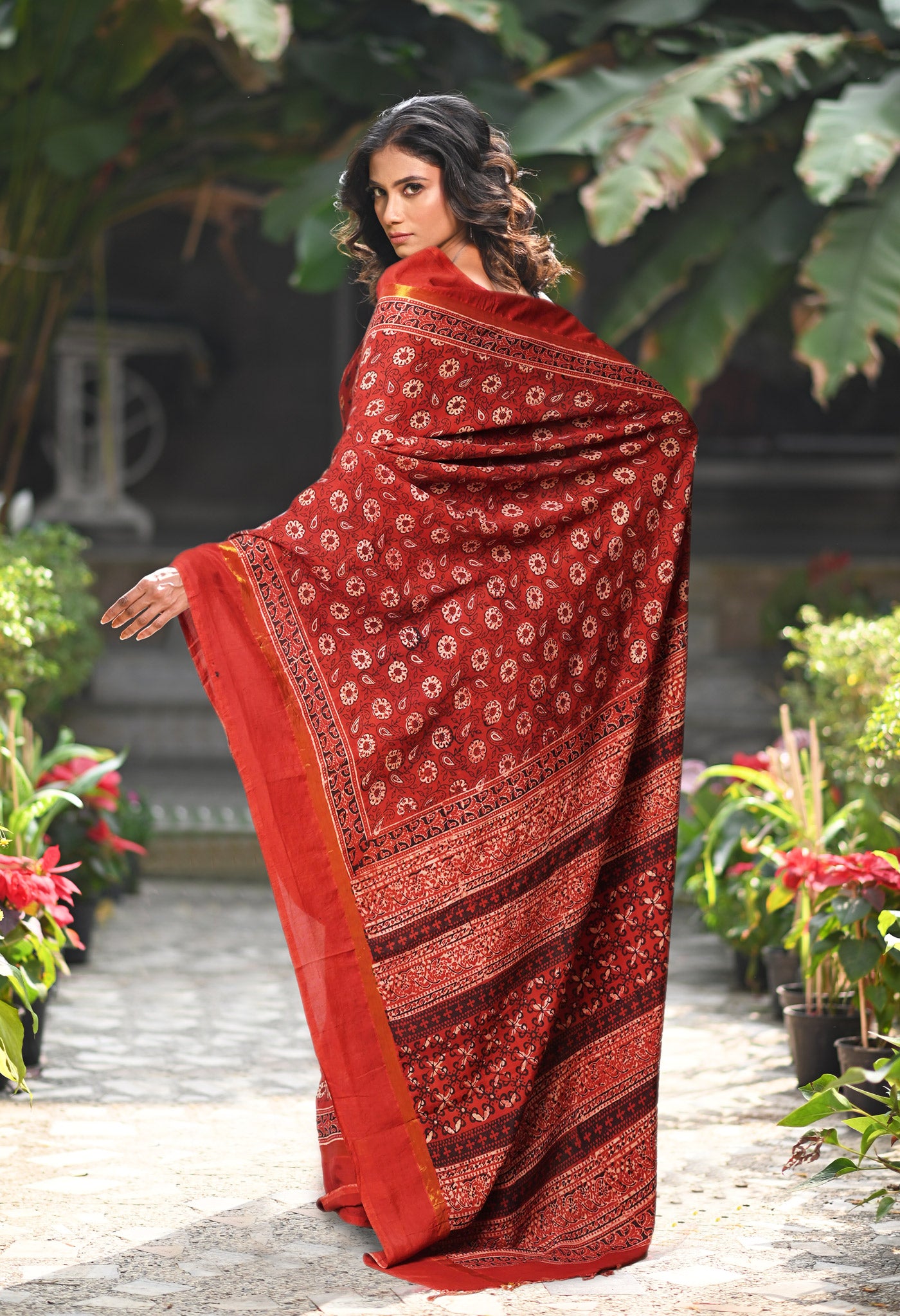 Red Pure Ajrakh Printed Soft Silk Saree-UNM82076
