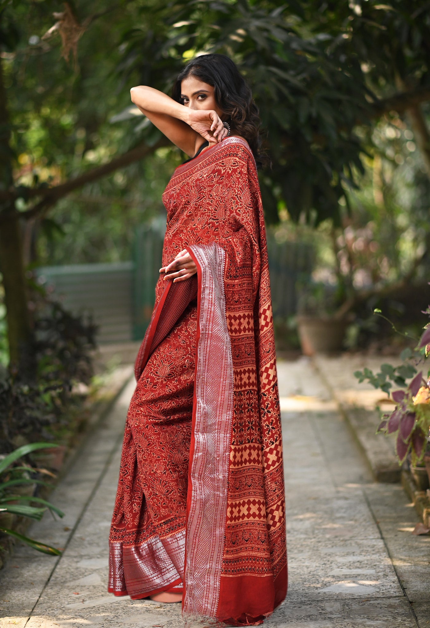 Red Pure Ajrakh Printed Soft Silk Saree-UNM82094