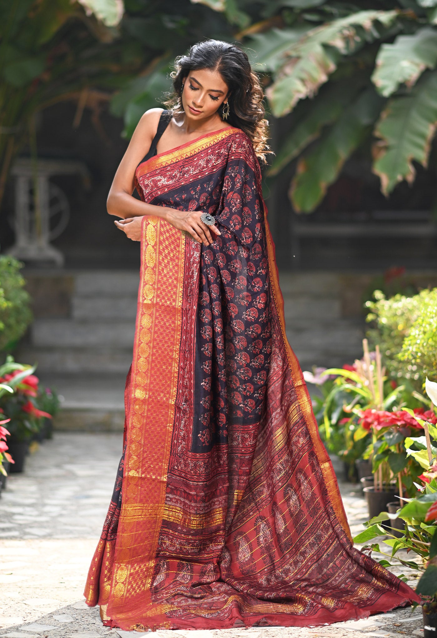 Black-Maroon Pure Ajrakh Printed Soft Silk Saree-UNM82294
