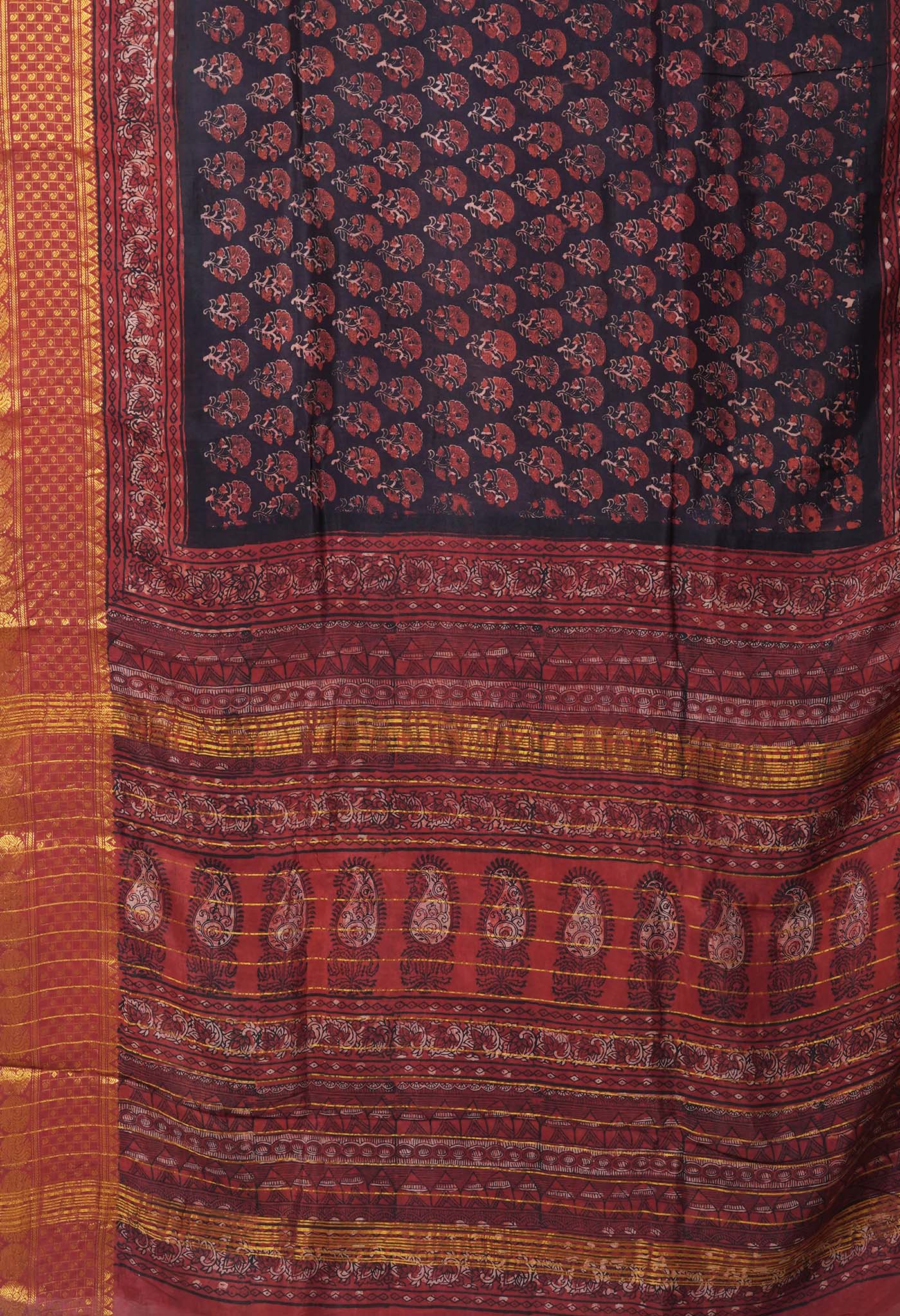 Black-Maroon Pure Ajrakh Printed Soft Silk Saree-UNM82294