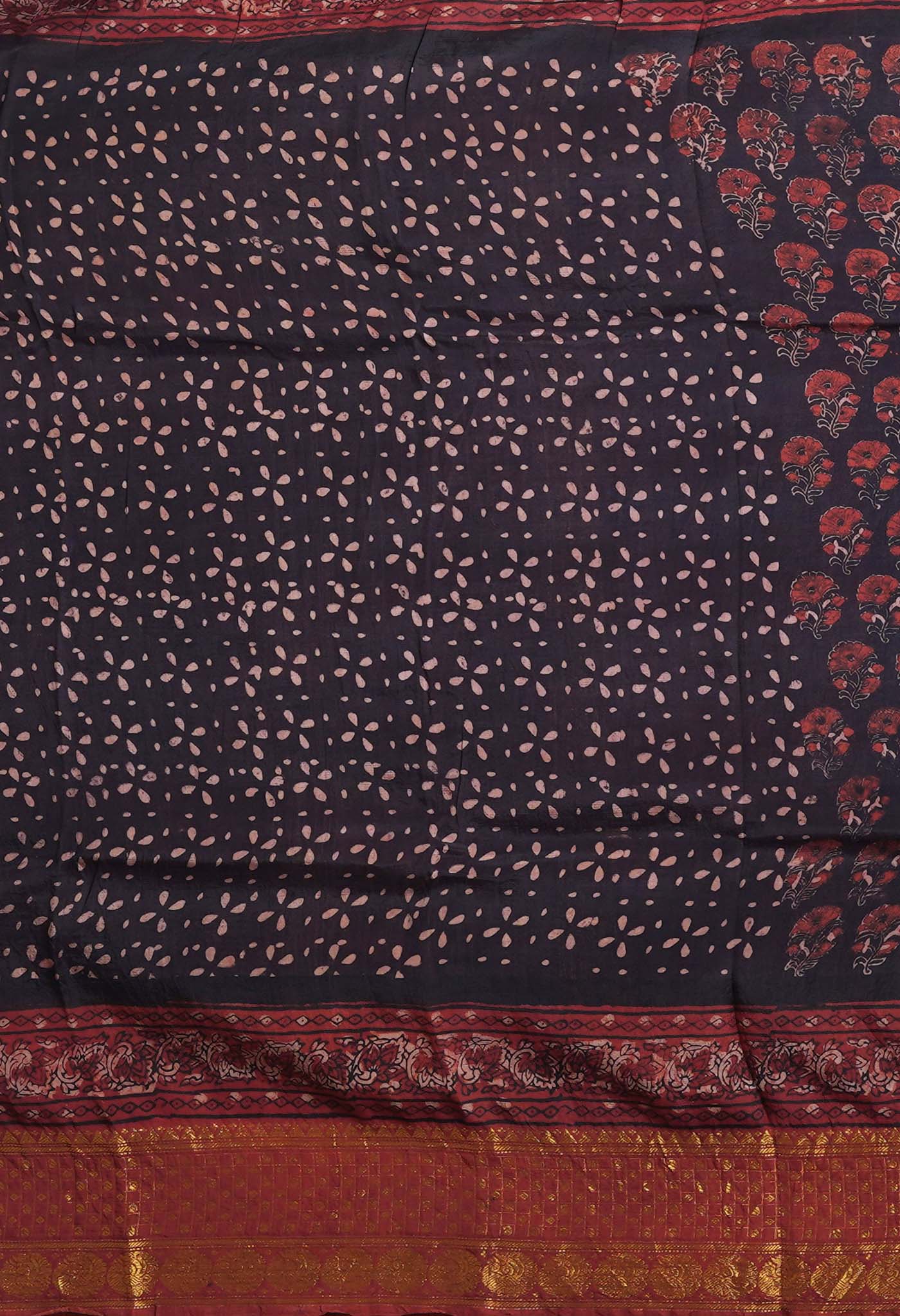 Black-Maroon Pure Ajrakh Printed Soft Silk Saree-UNM82294
