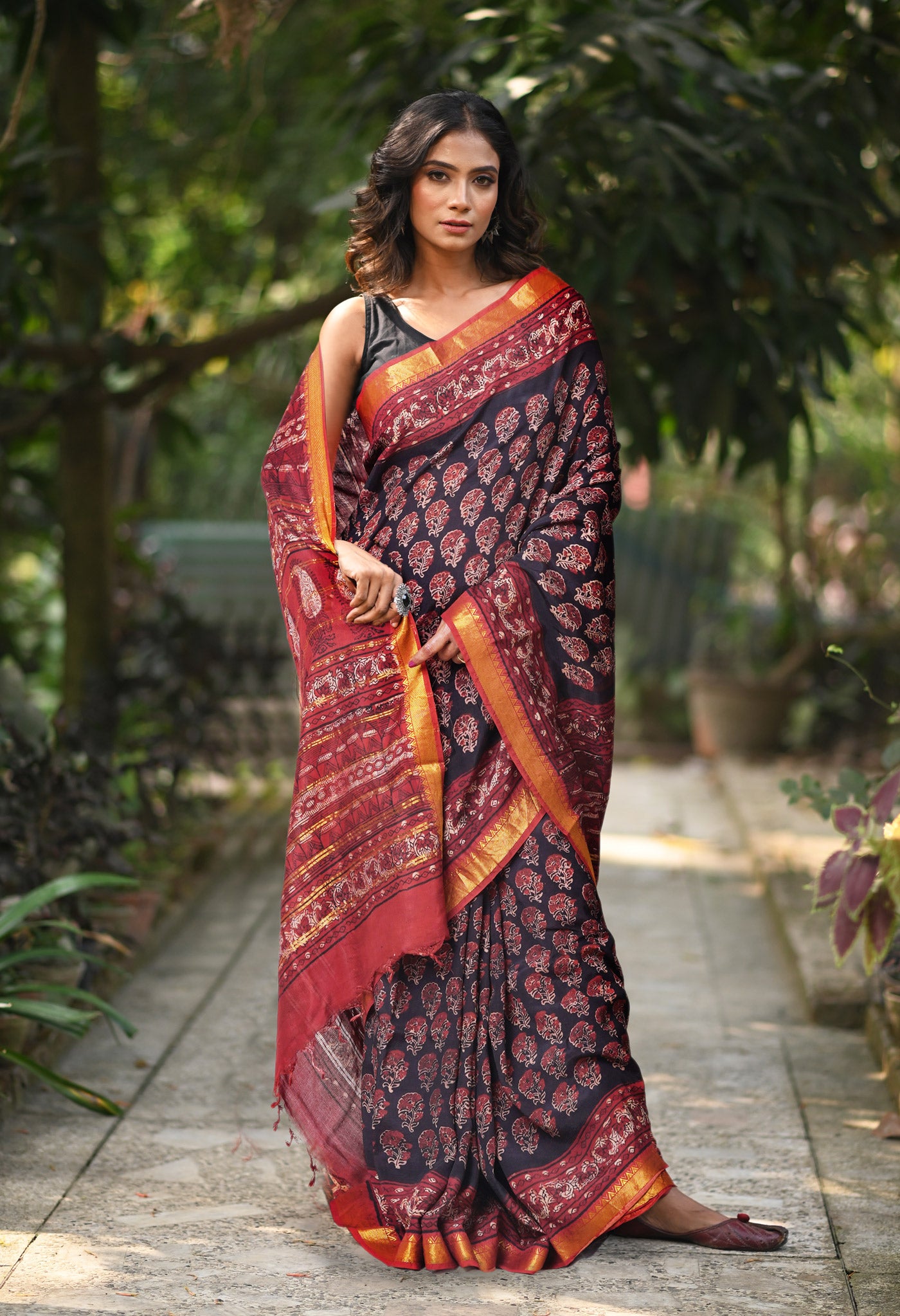 Black-Maroon Pure Ajrakh Printed Soft Silk Saree-UNM82297
