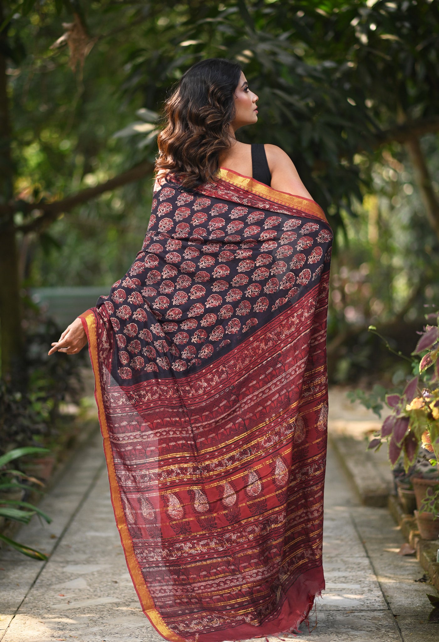 Black-Maroon Pure Ajrakh Printed Soft Silk Saree-UNM82297