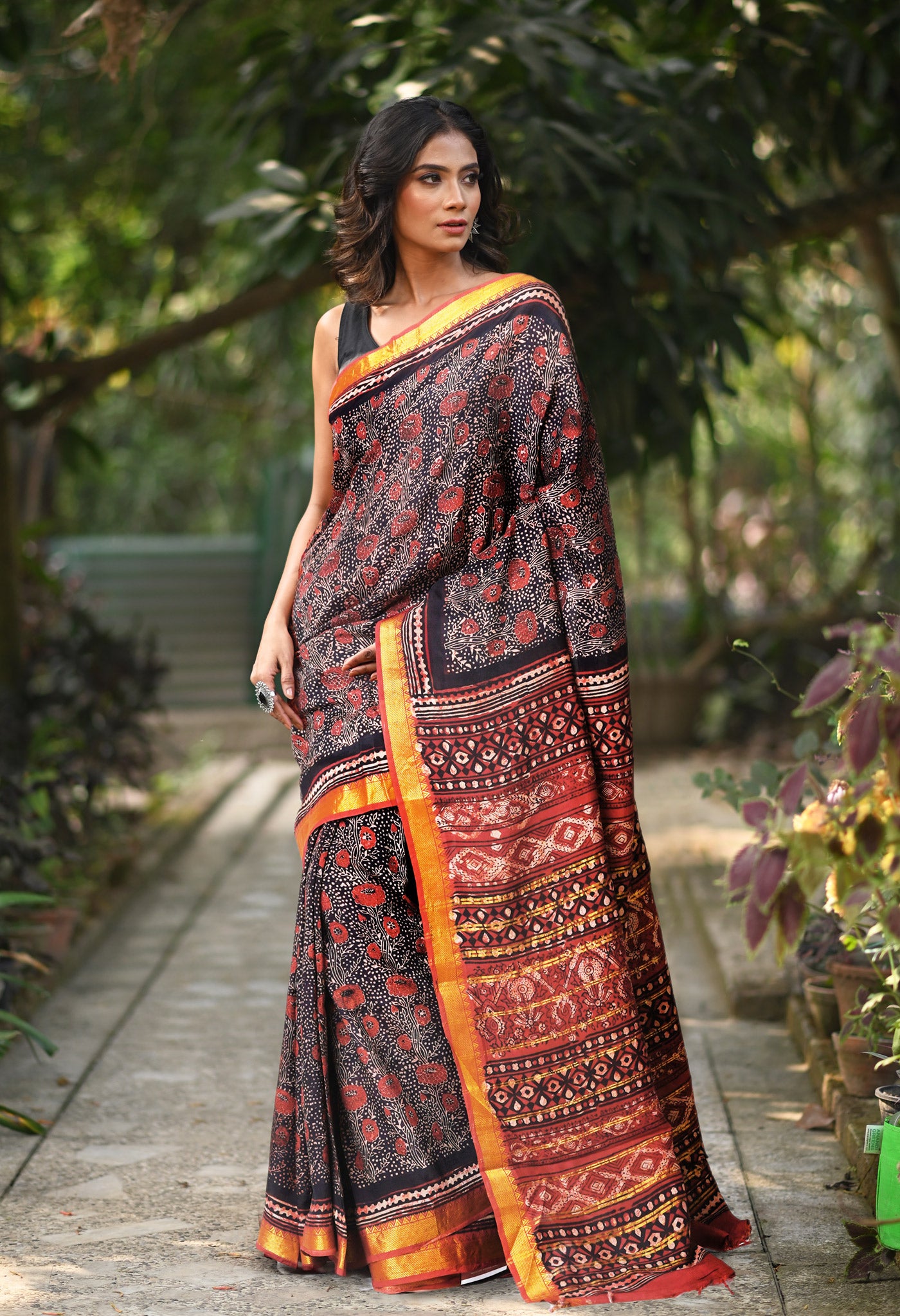 Black-Maroon Pure Ajrakh Printed Soft Silk Saree-UNM82299