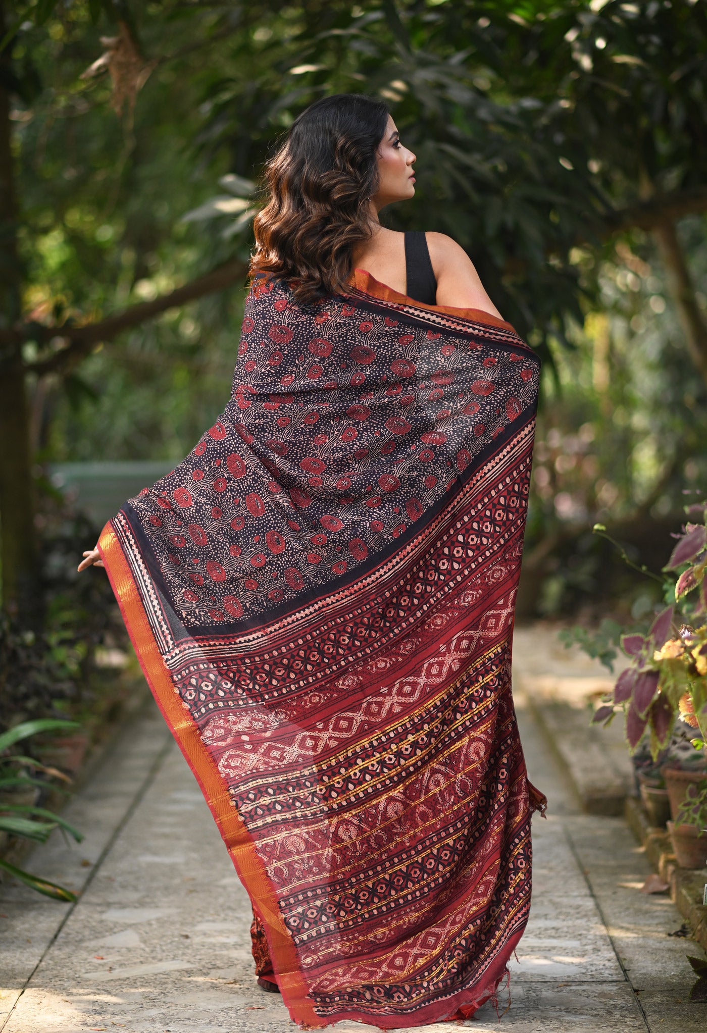 Black-Maroon Pure Ajrakh Printed Soft Silk Saree-UNM82299