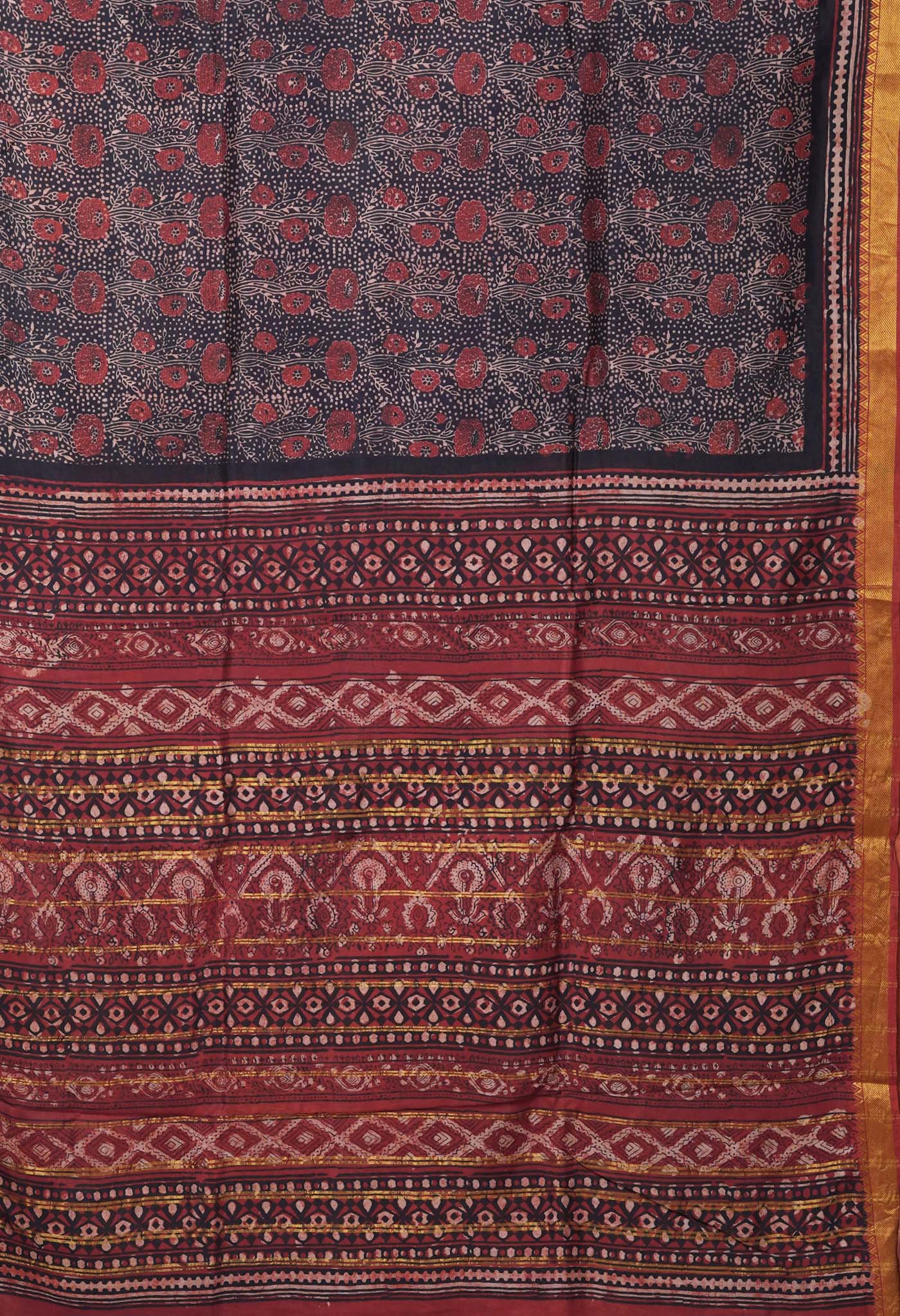 Black-Maroon Pure Ajrakh Printed Soft Silk Saree-UNM82299